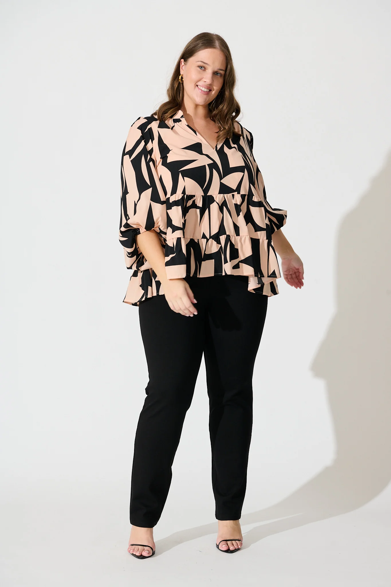 Talena Top in Black and Beige Geometric Print - Image 6