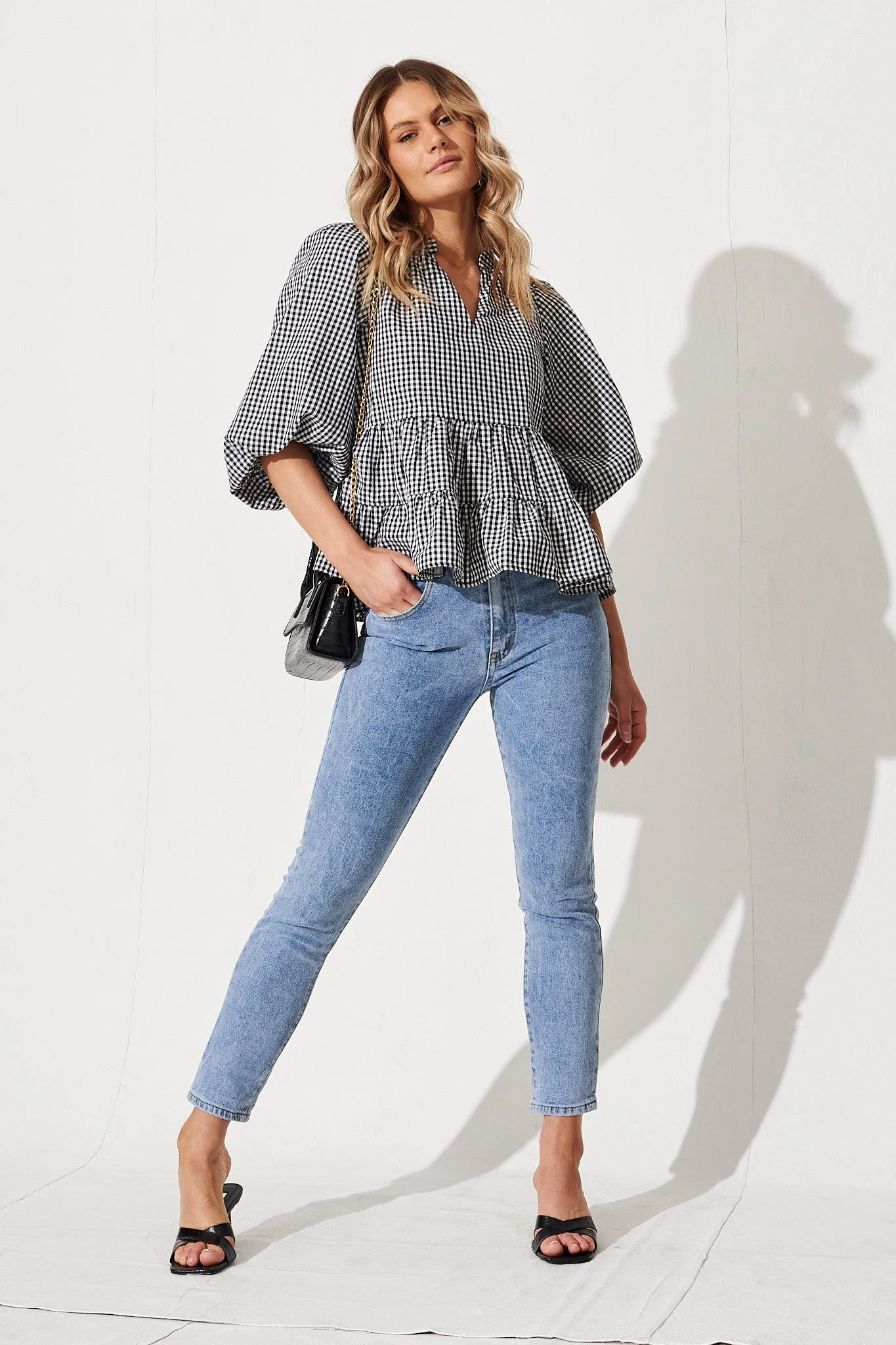 Talena Top In Black And White Gingham Cotton - Image 2