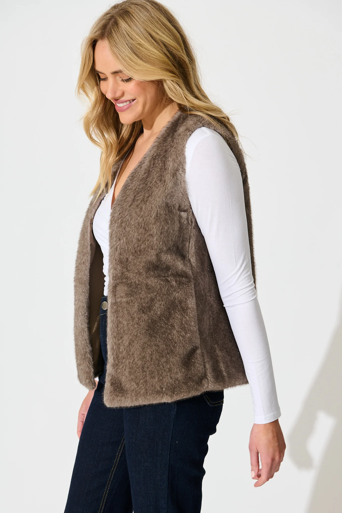 Talita Faux Fur Vest in Taupe - Image 2