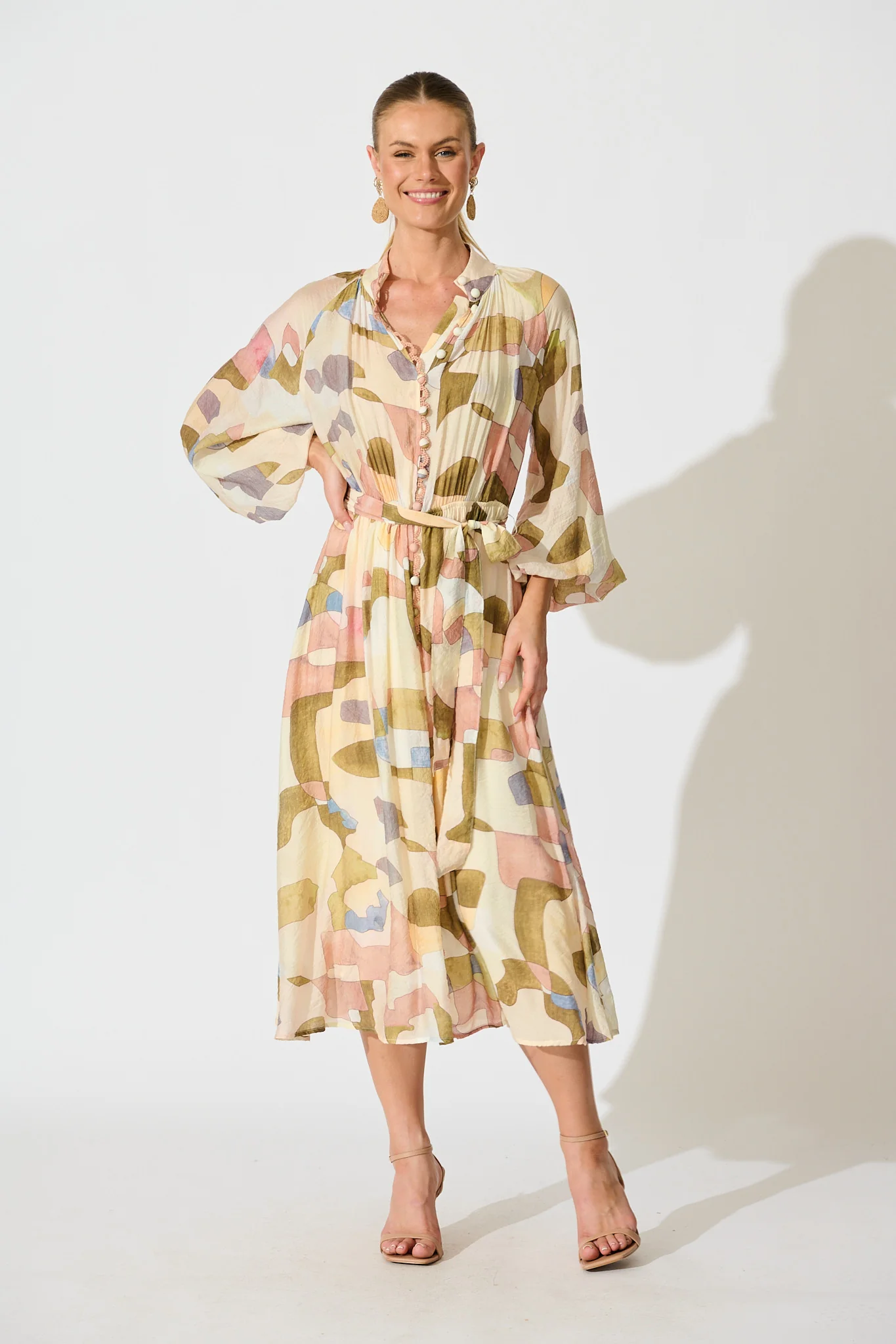 Tamia Midi Dress in Brown with Multi Print