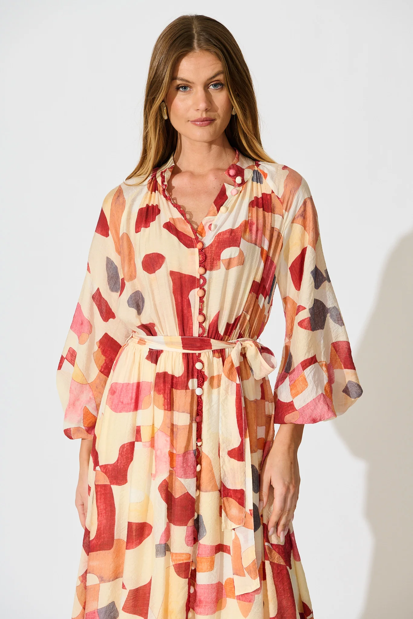 Tamia Midi Dress in Red with Multi Print - Image 2