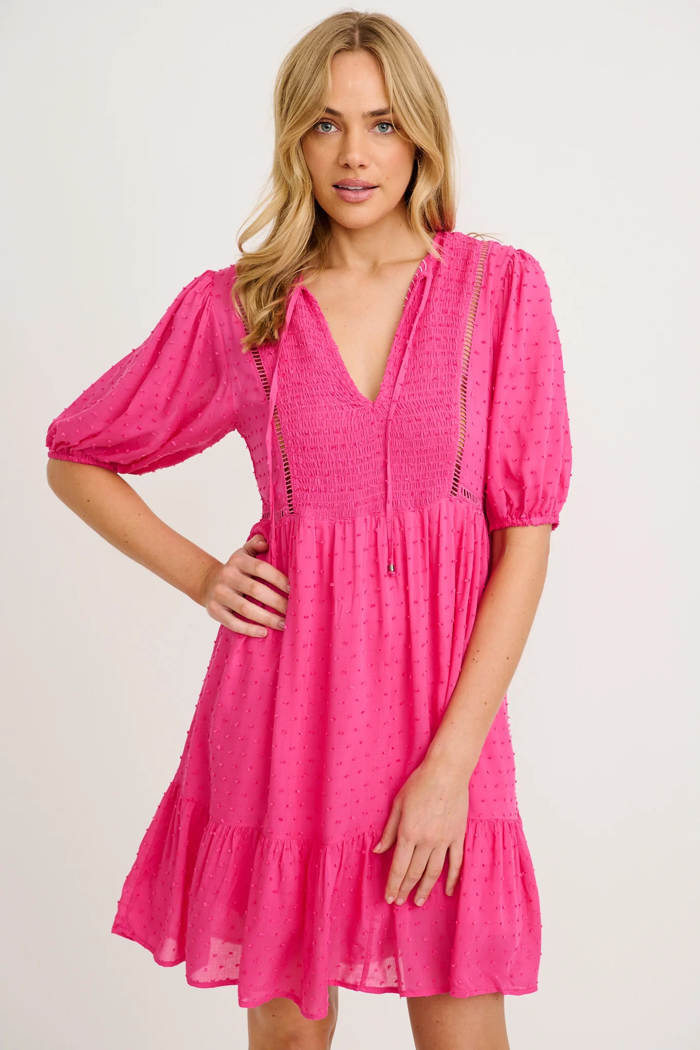 Tanica Smock Dress in Hot Pink Swiss Dot - Image 2