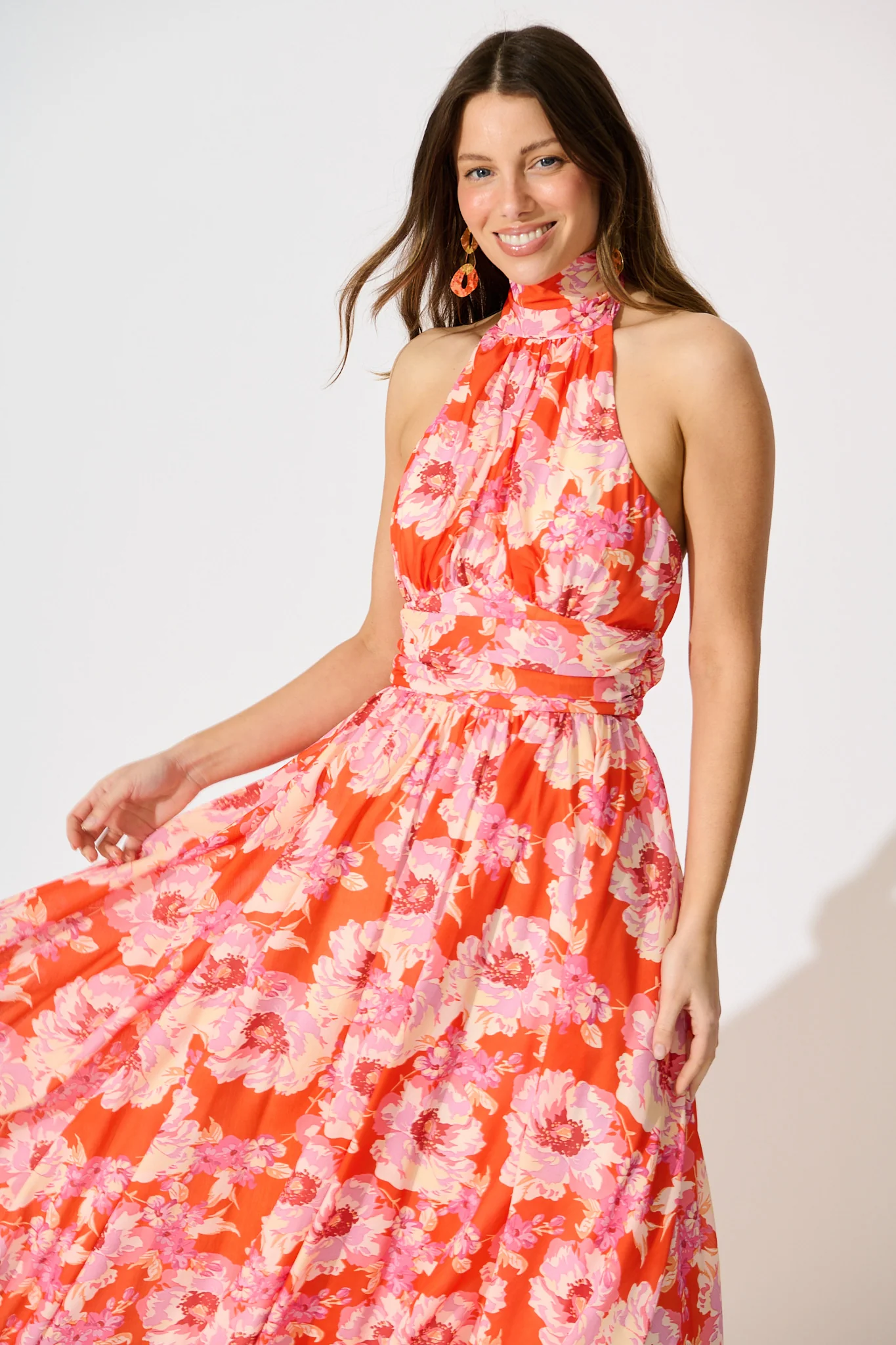 Theodora Halter Neck Maxi Dress In Red Floral Chiffon - Image 2