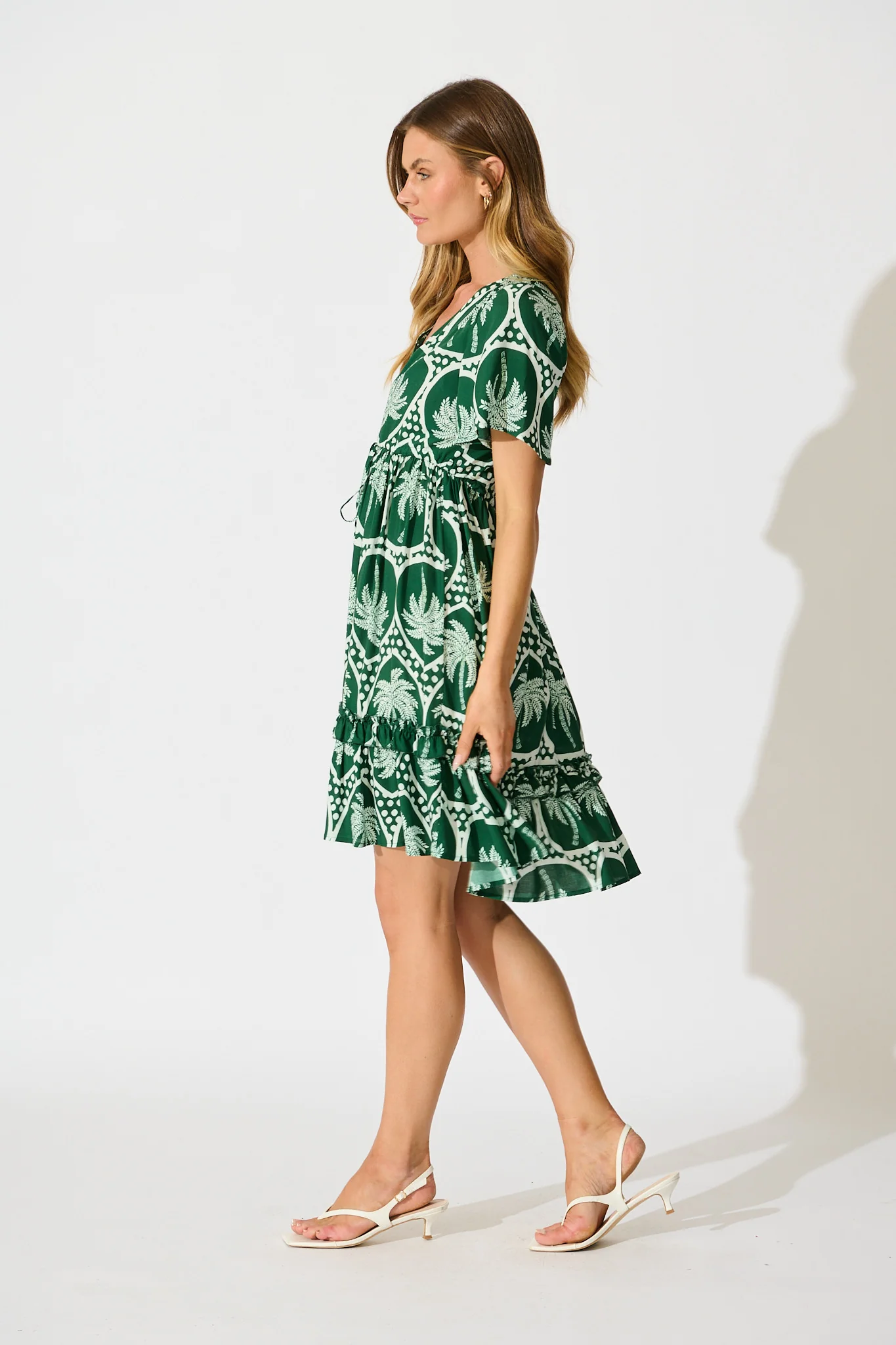 Tiley Dress in Green Palm Tree Tiles Print - Image 3