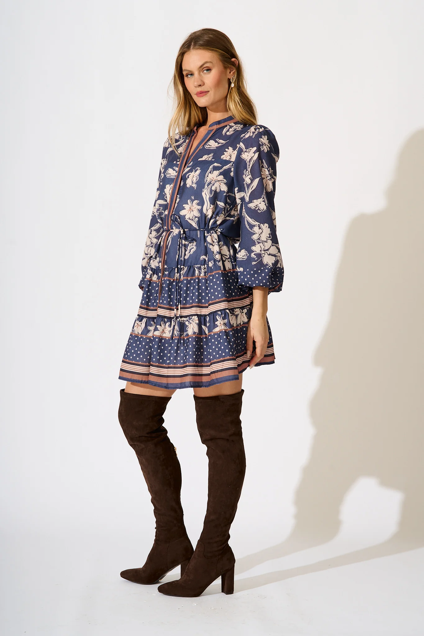 Torie Dress in Navy with Cream Floral Linen Blend - Image 3