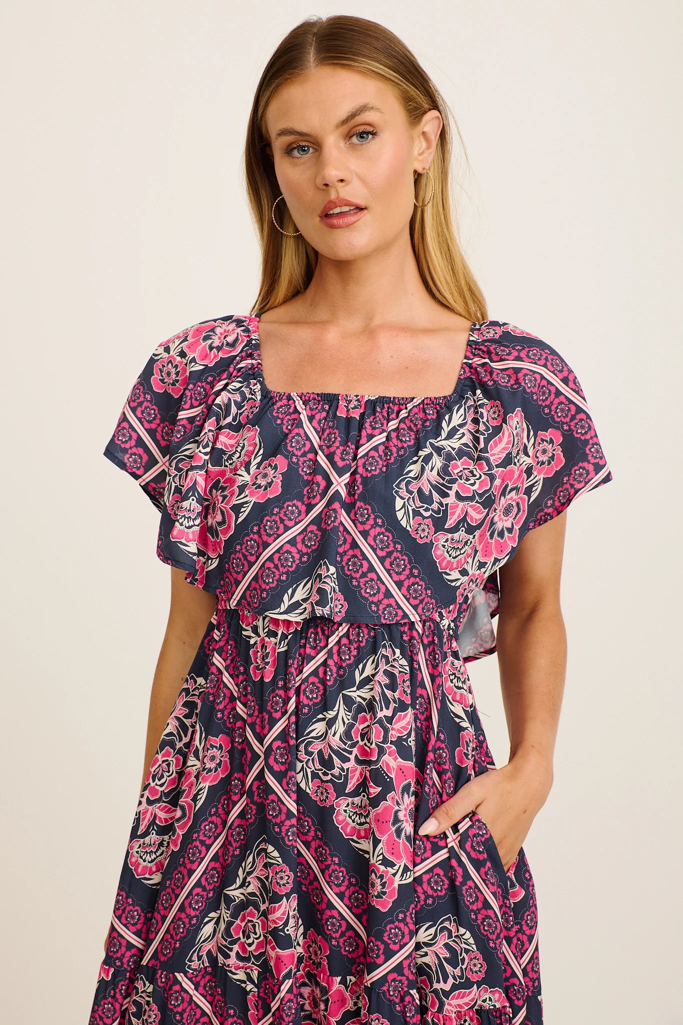 Tranquility Maxi Dress in Navy with Pink Floral Tiles Print - Image 3