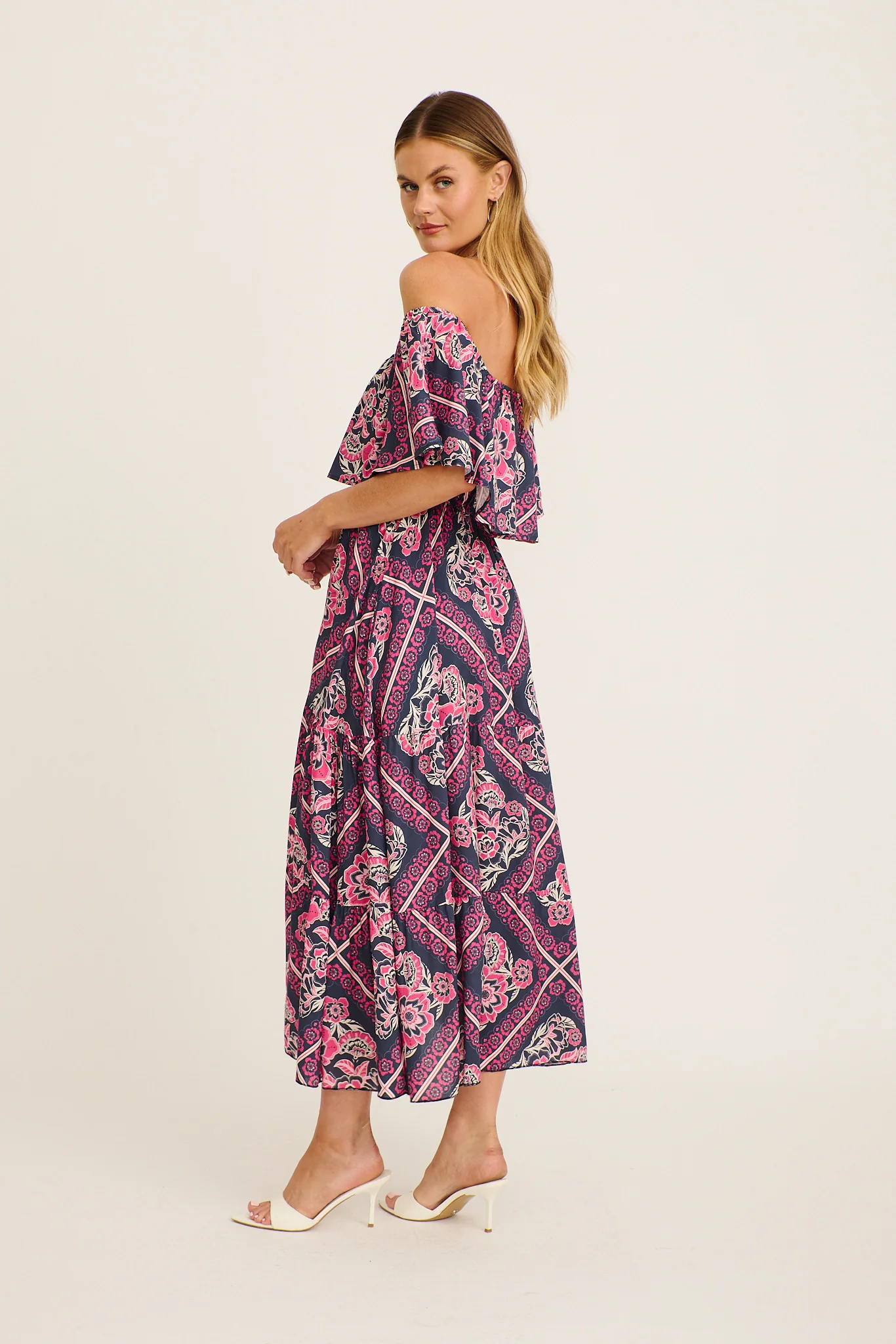 Tranquility Maxi Dress in Navy with Pink Floral Tiles Print - Image 4