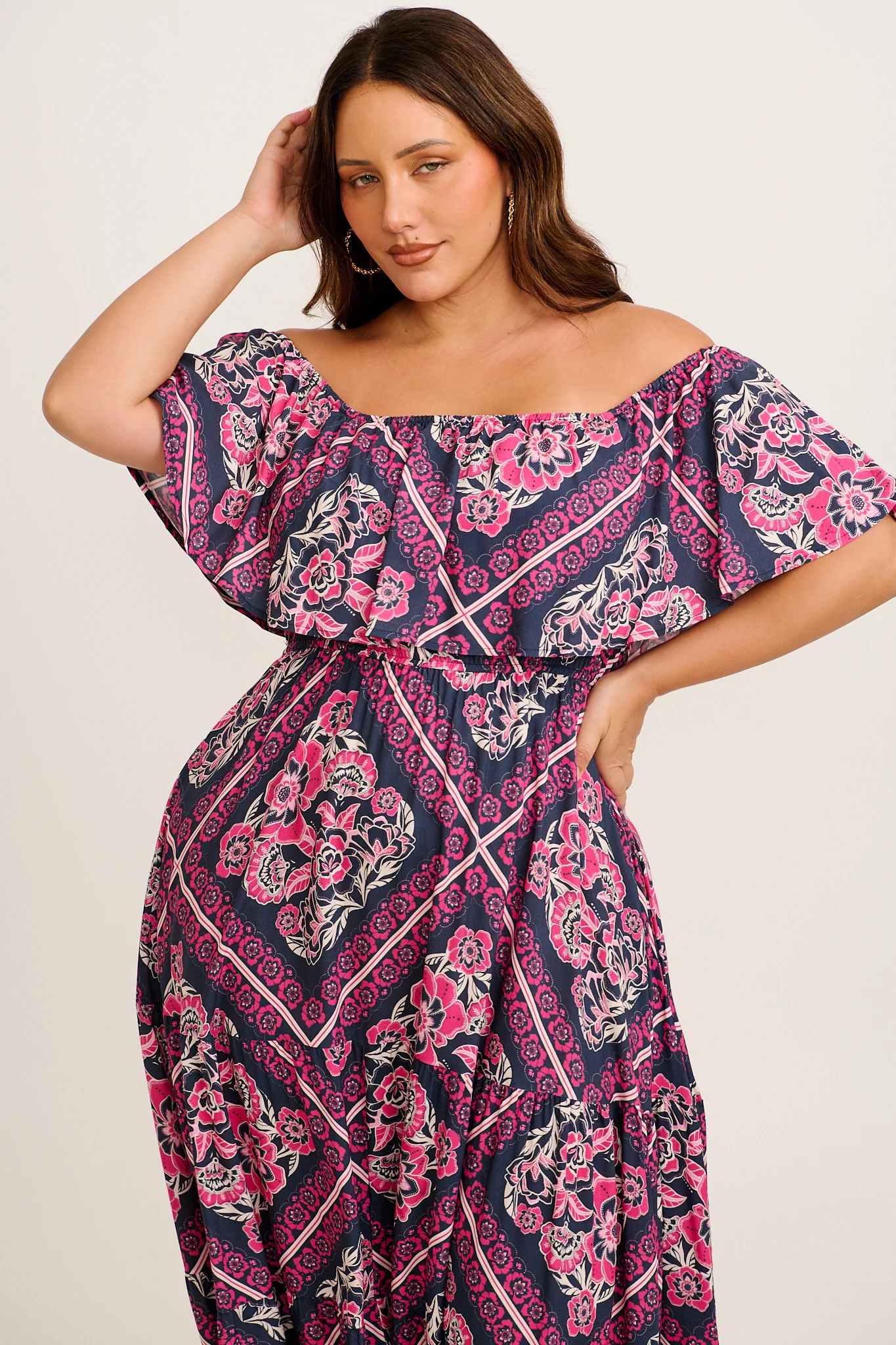 Tranquility Maxi Dress in Navy with Pink Floral Tiles Print - Image 6