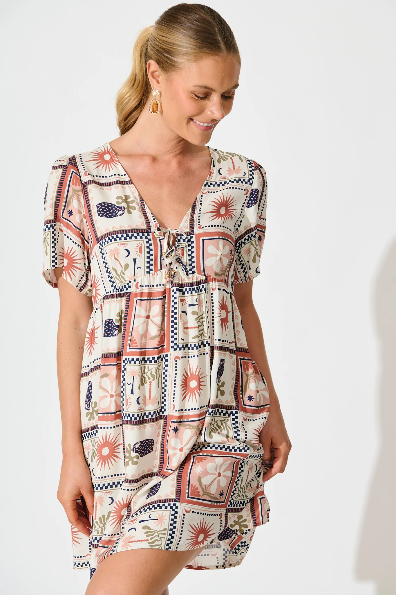Transcend Dress in Cream With Rust Multi Patchwork Print - Image 2