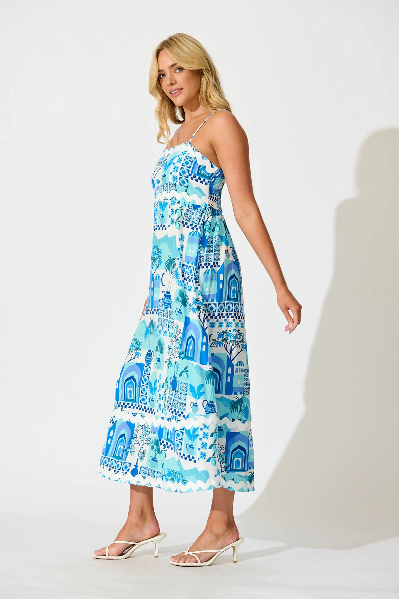 Treviso Maxi Sundress In Blue Multi with Ric Rac Trim - Image 3