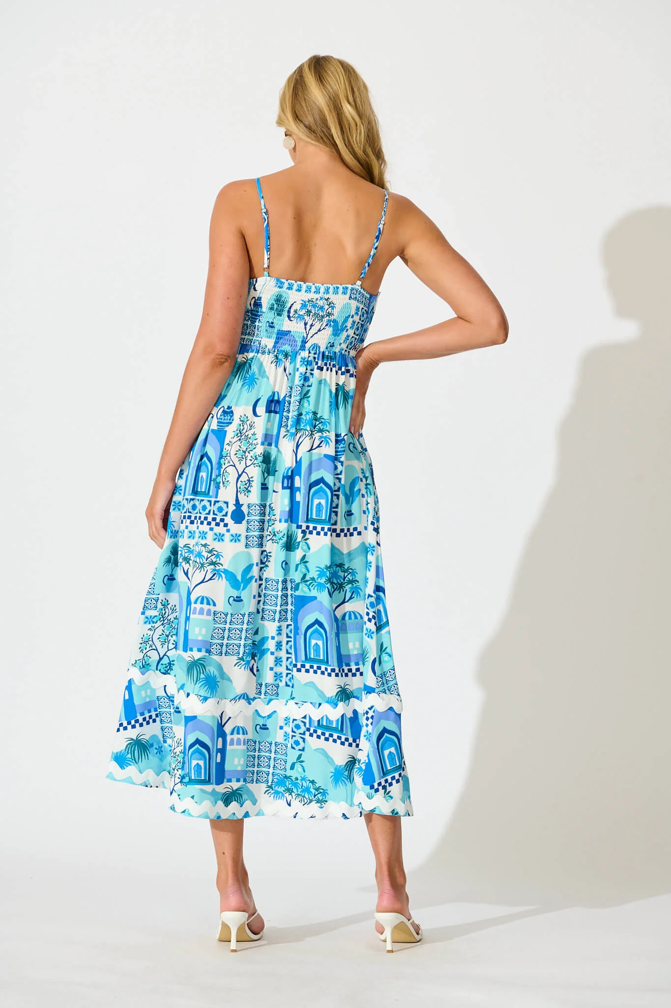 Treviso Maxi Sundress In Blue Multi with Ric Rac Trim - Image 4