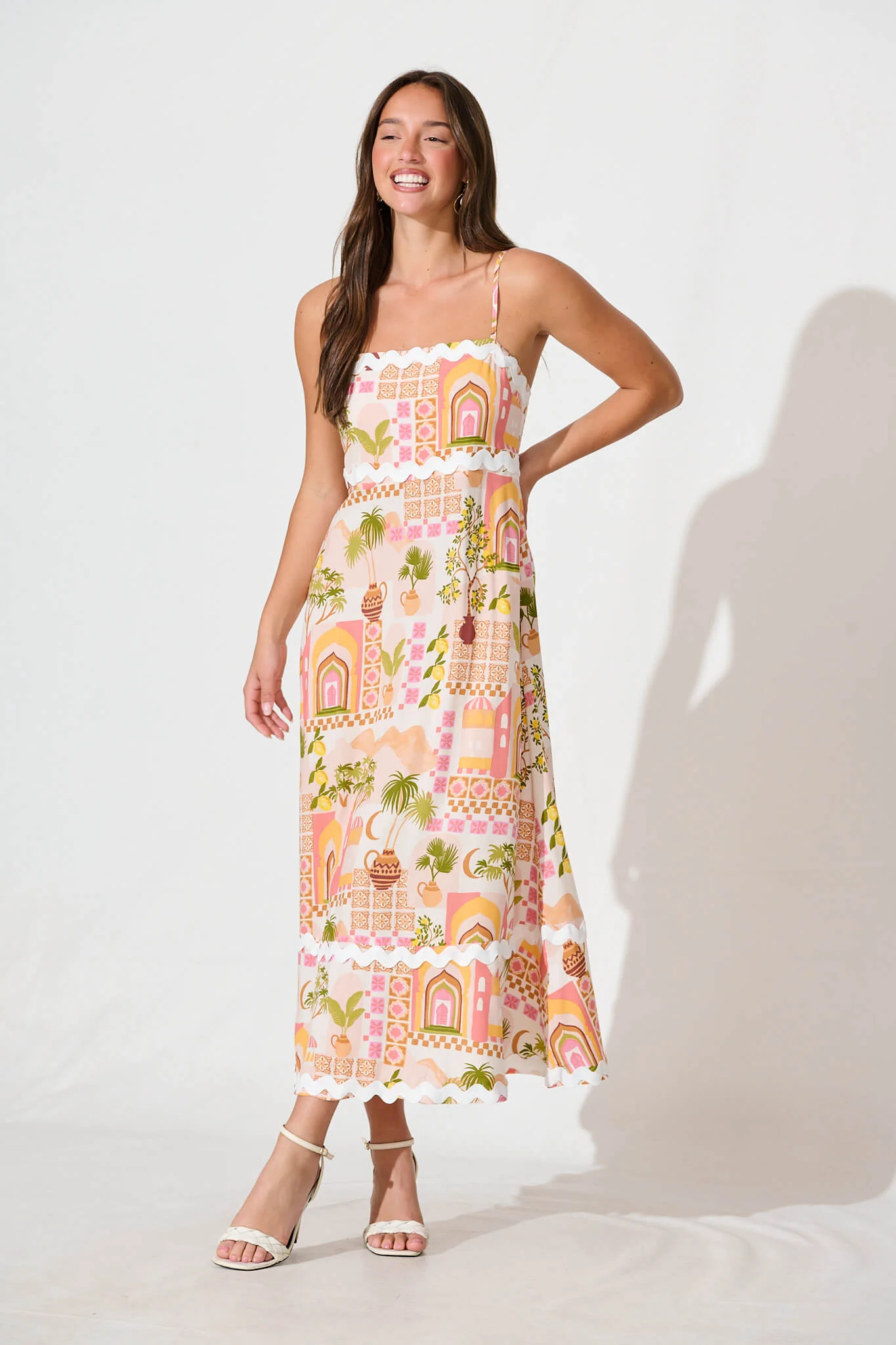 Treviso Maxi Sundress In Multi Beige Print With Ric Rac Trim