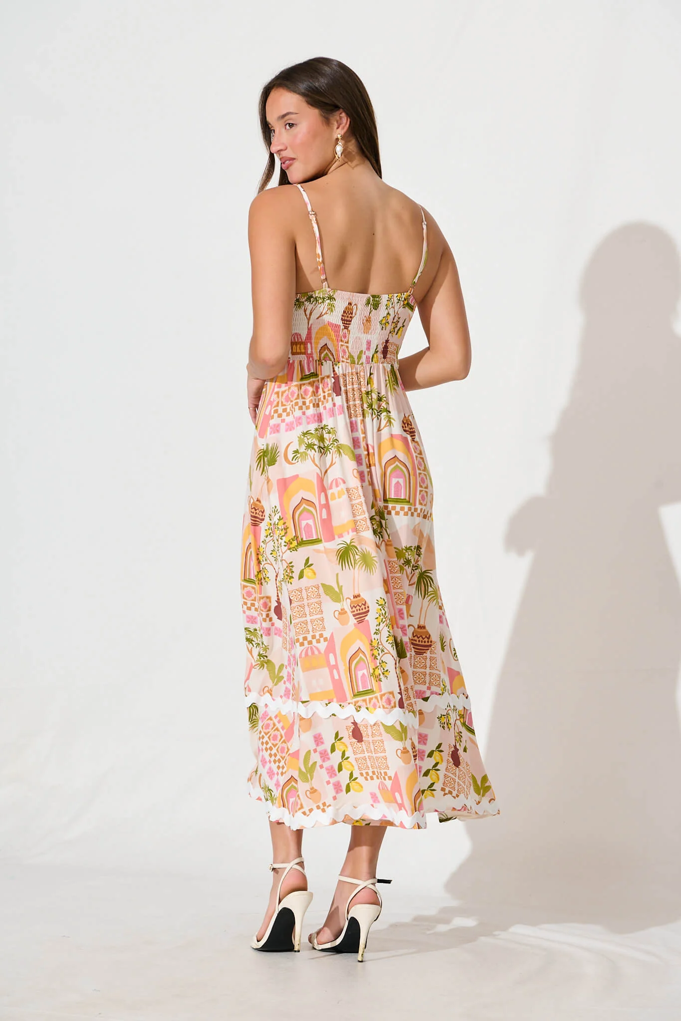 Treviso Maxi Sundress In Multi Beige Print With Ric Rac Trim - Image 4