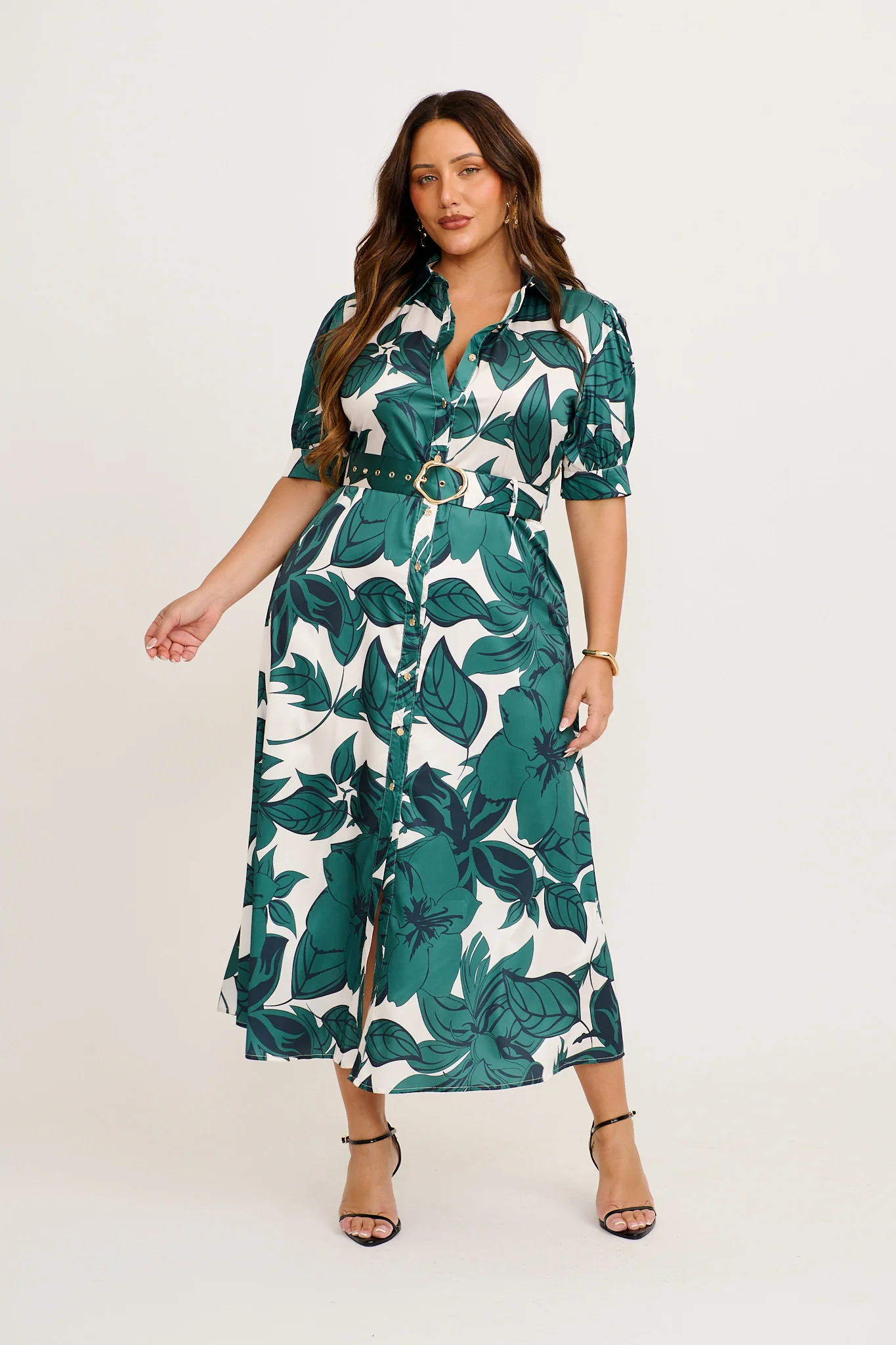 Trinity Maxi Shirt Dress in Emerald Floral Satin