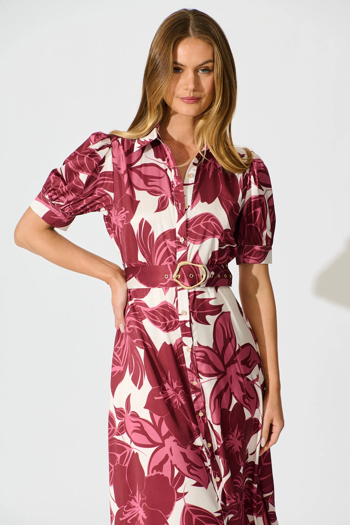 Trinity Maxi Shirt Dress in Red Floral Satin - Image 2