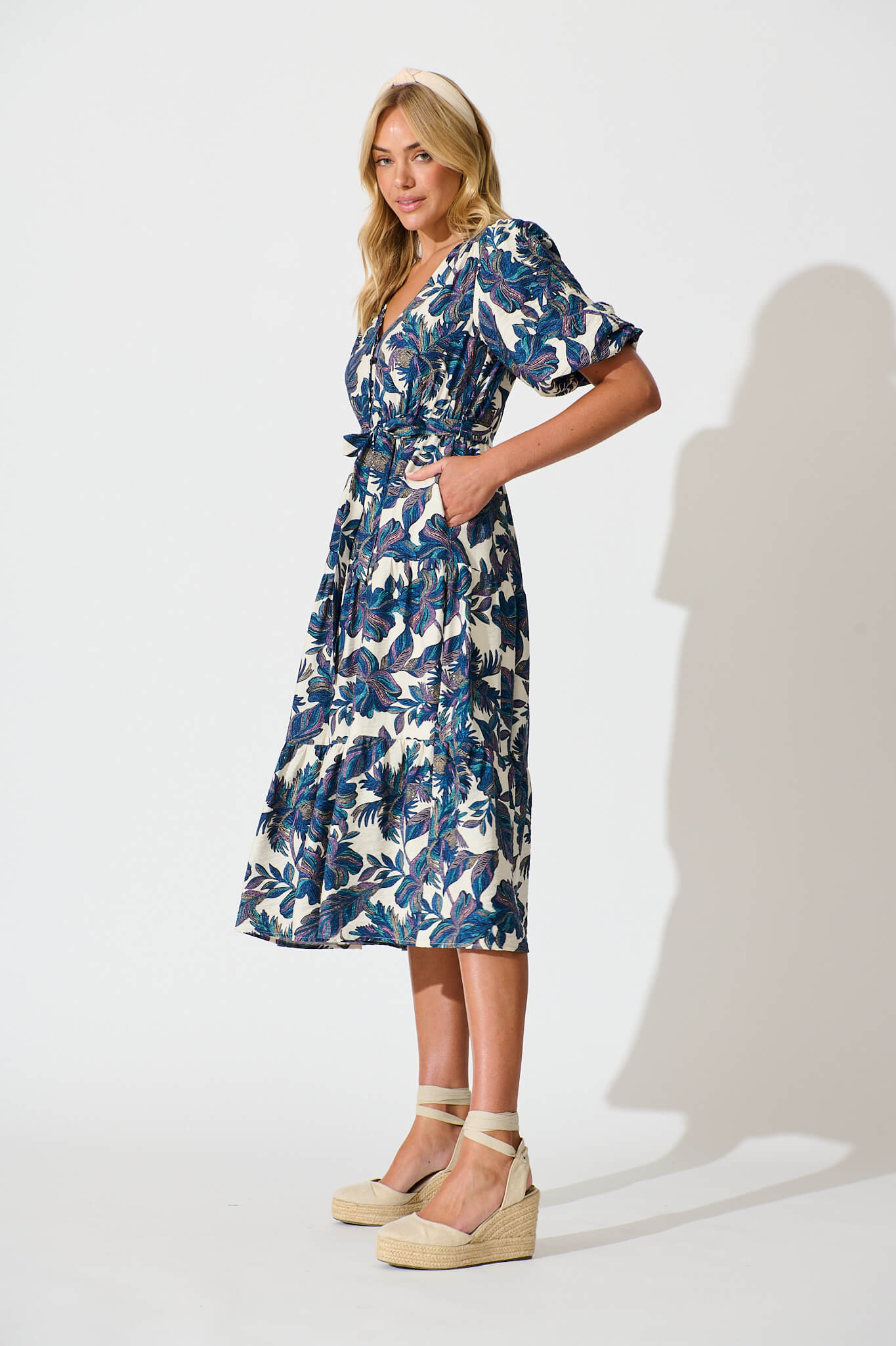 Tris Midi Dress in White with Blue Multi Leaf - Image 3