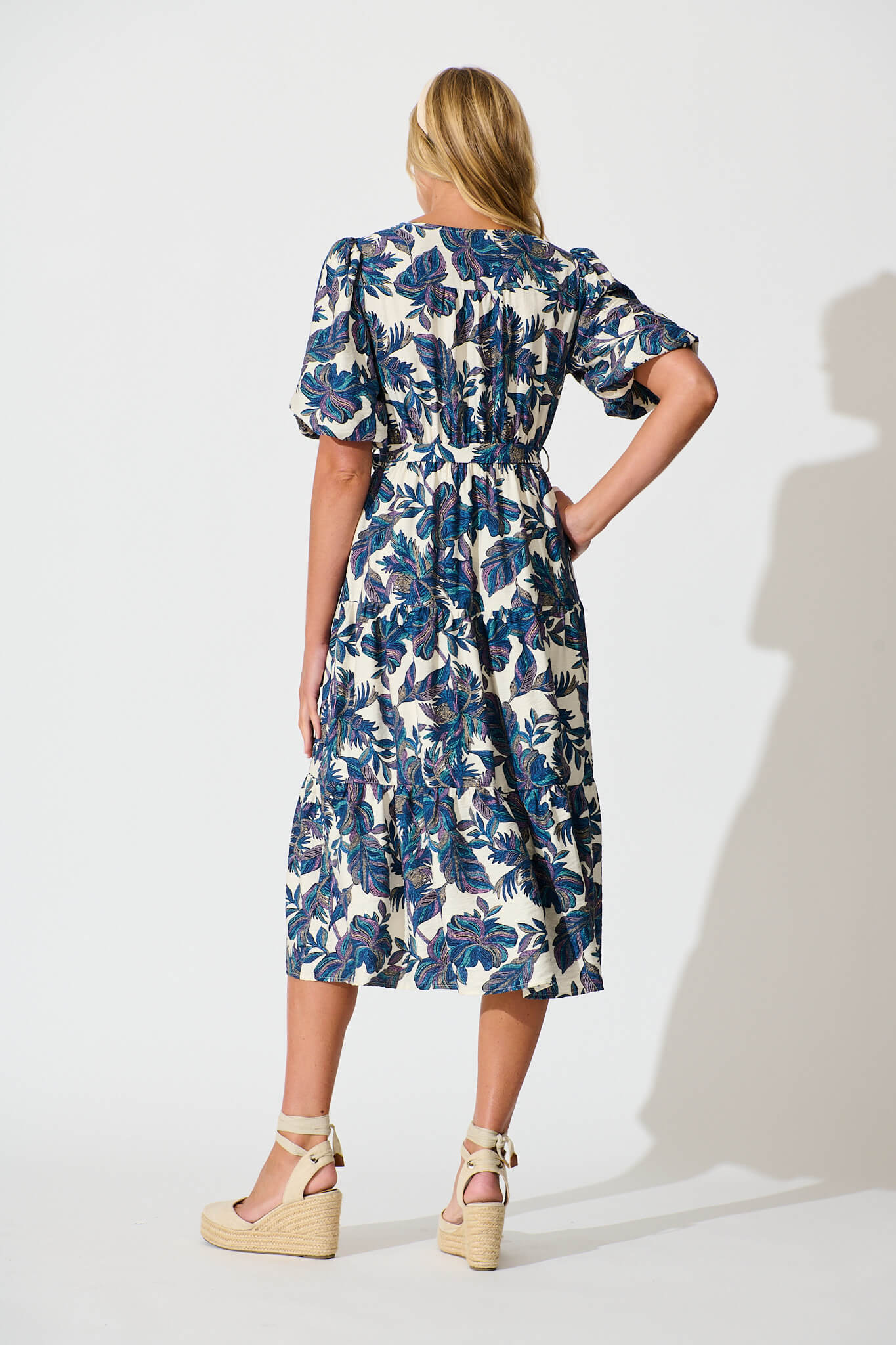 Tris Midi Dress in White with Blue Multi Leaf - Image 4