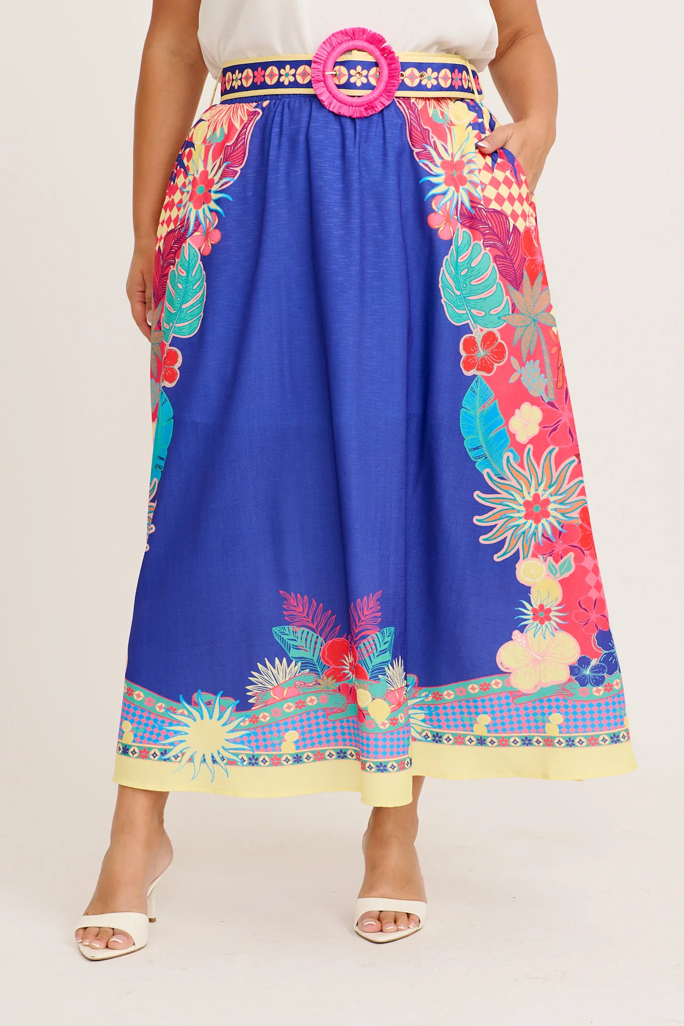 Tropic Drift Maxi Skirt in Blue with Multi Print Linen Blend - Image 10