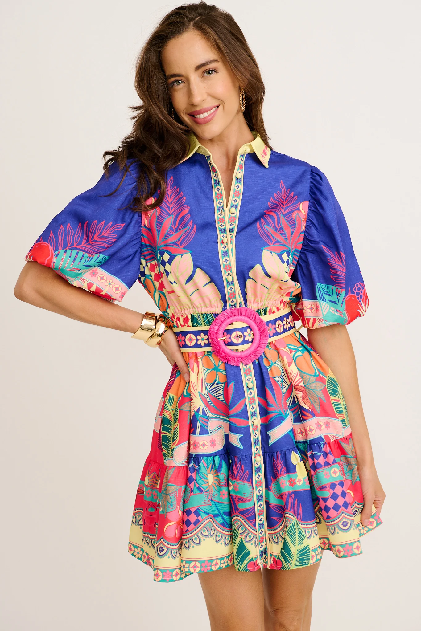 Tropic Haze Shirt Dress in Blue with Multi Print Linen Blend - Image 8