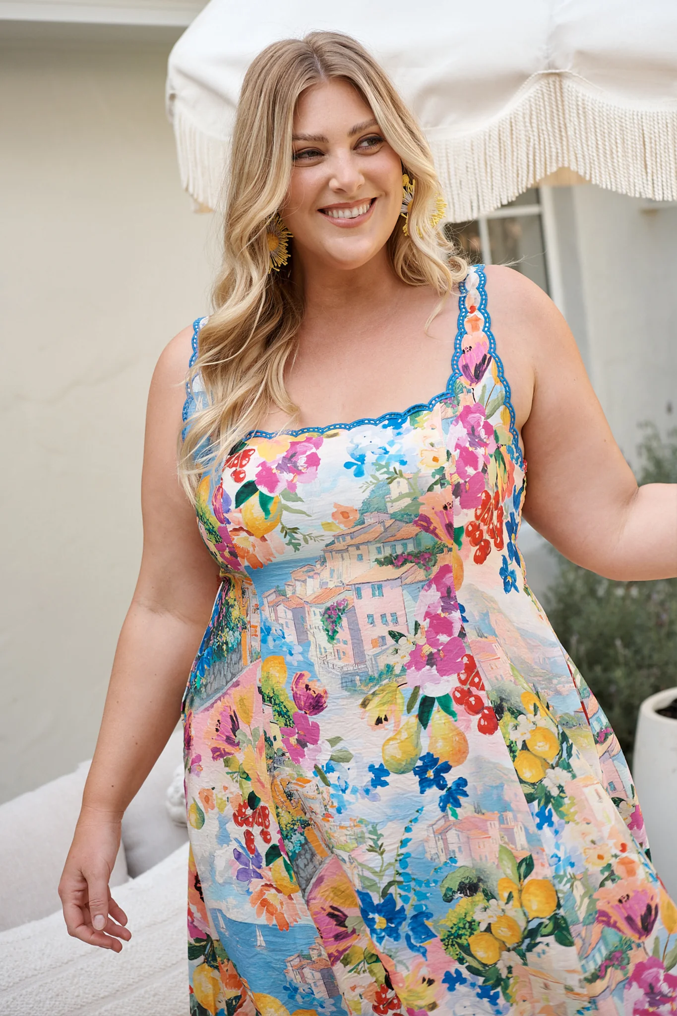 Tuscan Muse Midi Sundress in Multi Floral with Navy Trim - Image 3