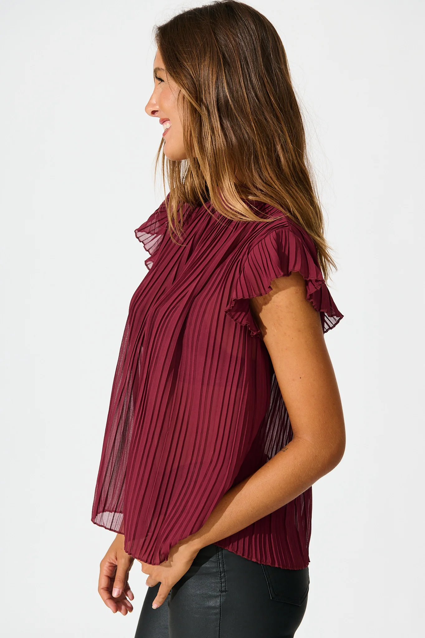 Vada Top in Wine Pleated Chiffon - Image 2
