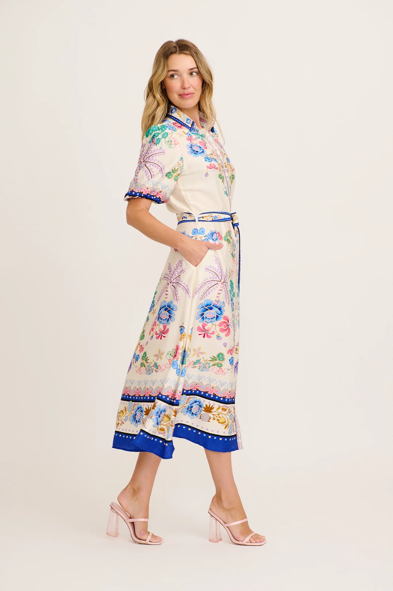 Vandal Maxi Shirt Dress in Cream and Multi Floral Linen Blend - Image 3