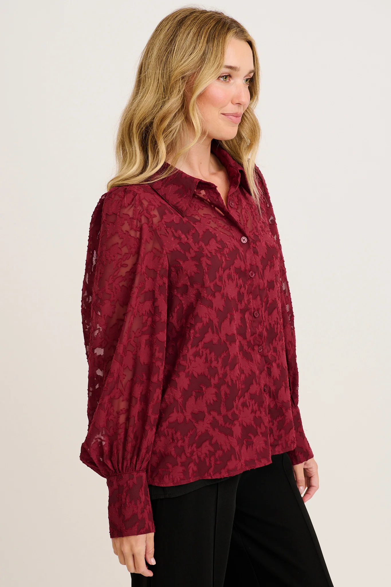 Vanessa Shirt in Wine Leaf Burnout Chiffon - Image 2