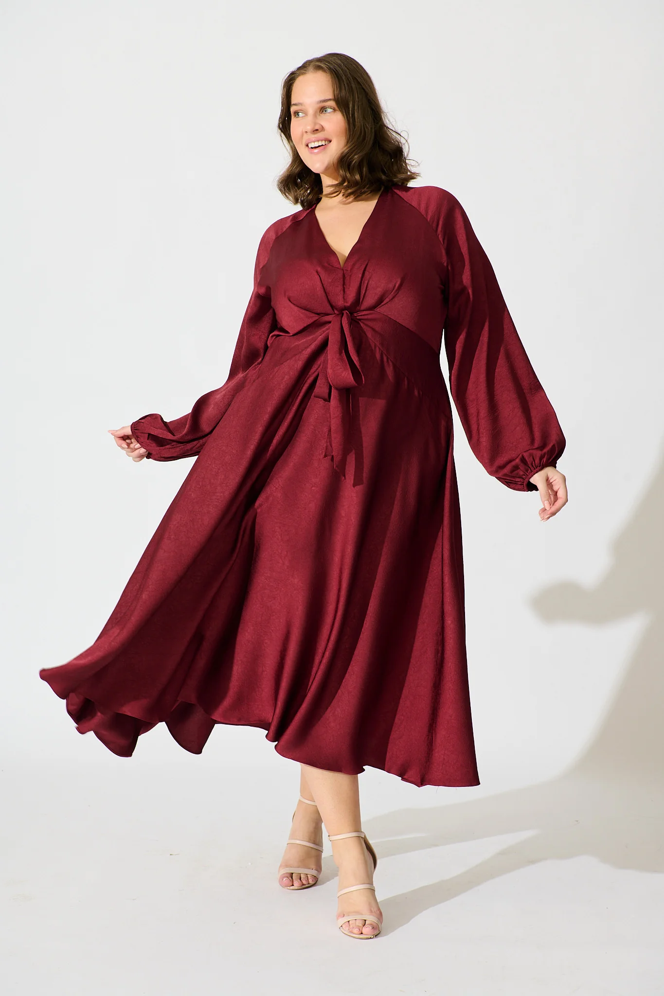 Veiled Illusion Maxi Dress in Wine Satin - Image 7
