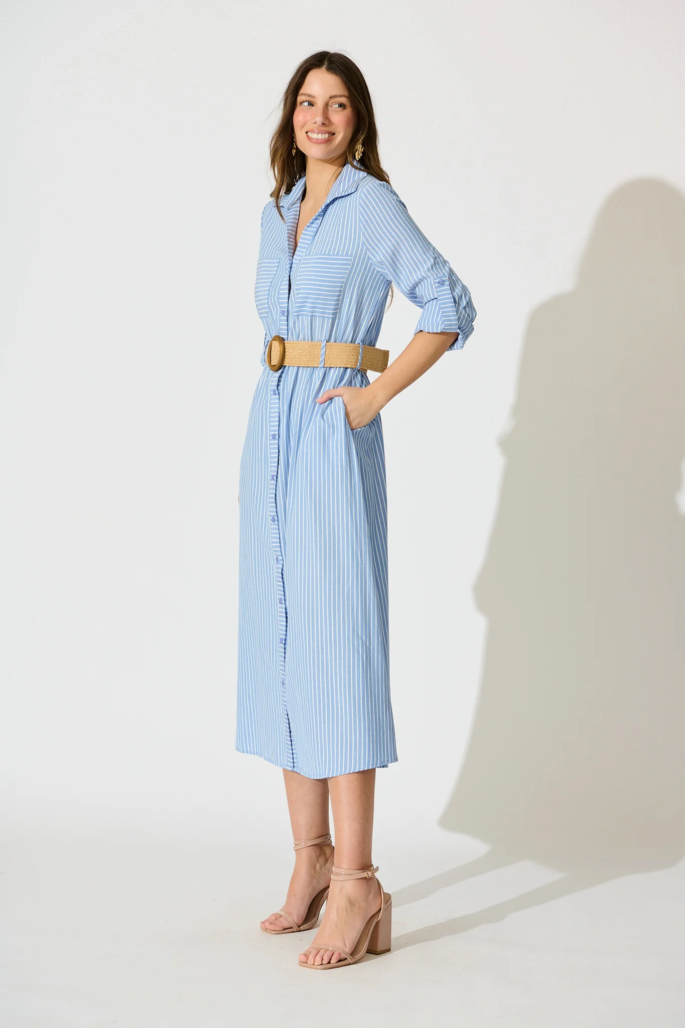Veyda Midi Shirt Dress in Blue with White Stripe Cotton - Image 3