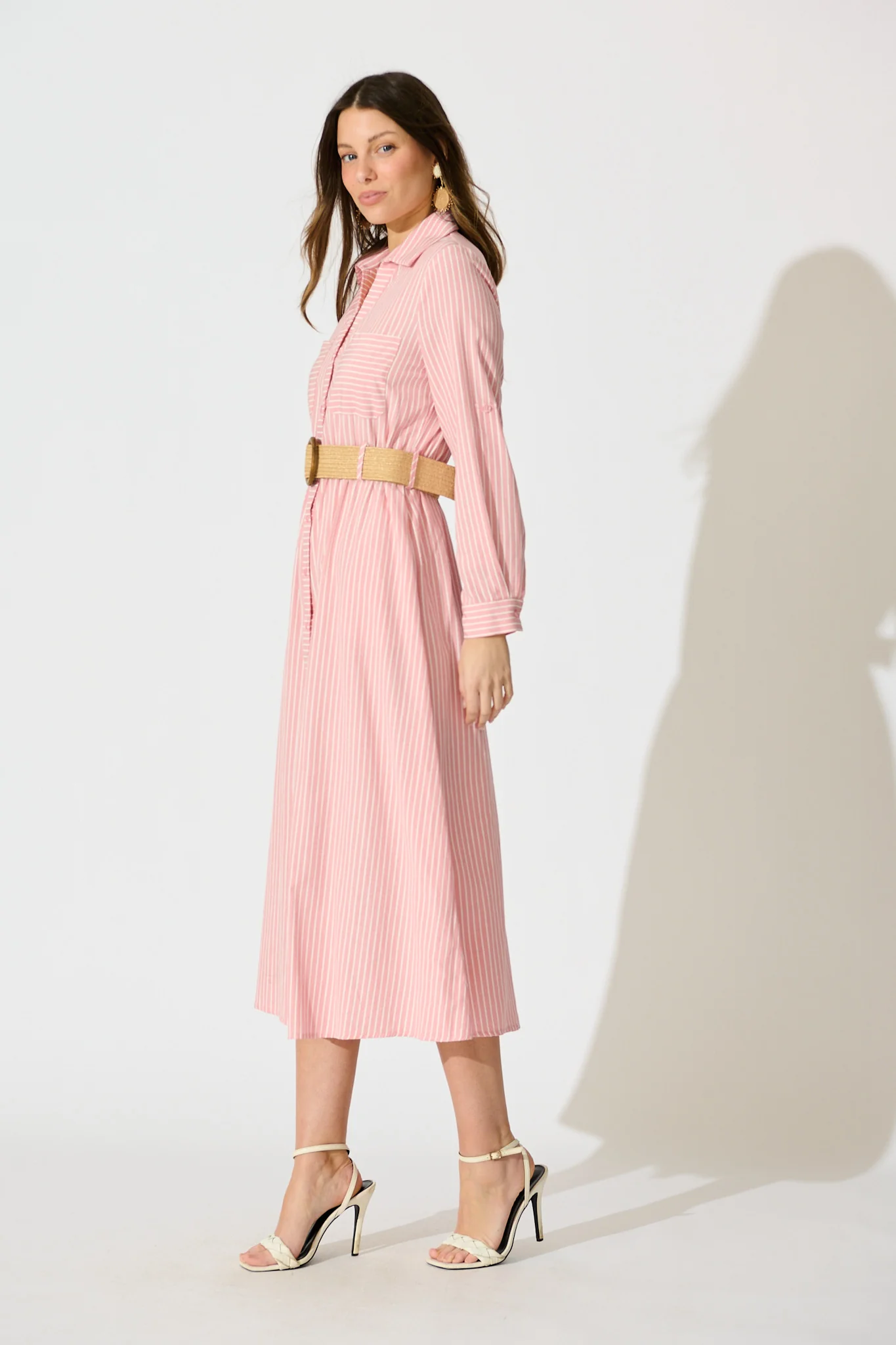 Veyda Midi Shirt Dress in Pink with White Stripe Cotton - Image 3