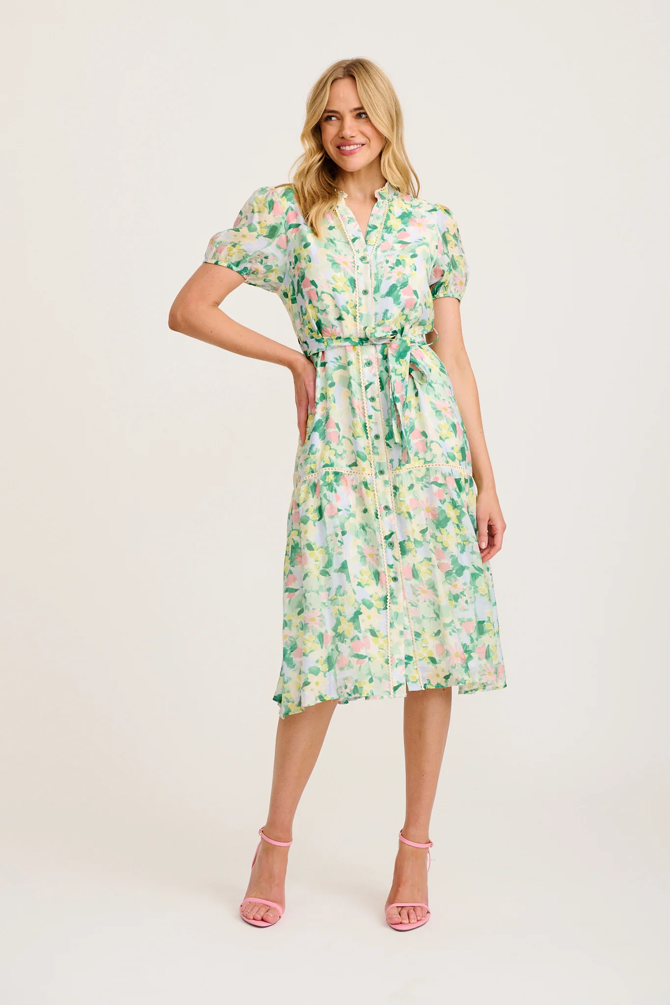 Vinca Midi Dress in Green Multi Print