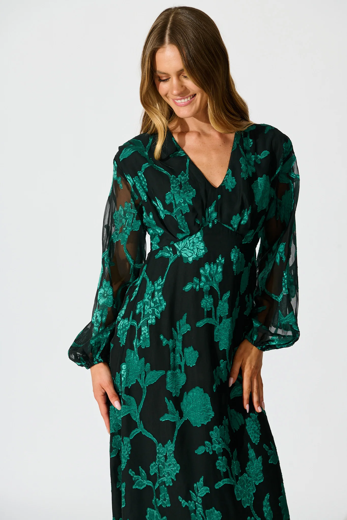 Viola Midi Dress in Black with Emerald Floral Burnout Chiffon - Image 2