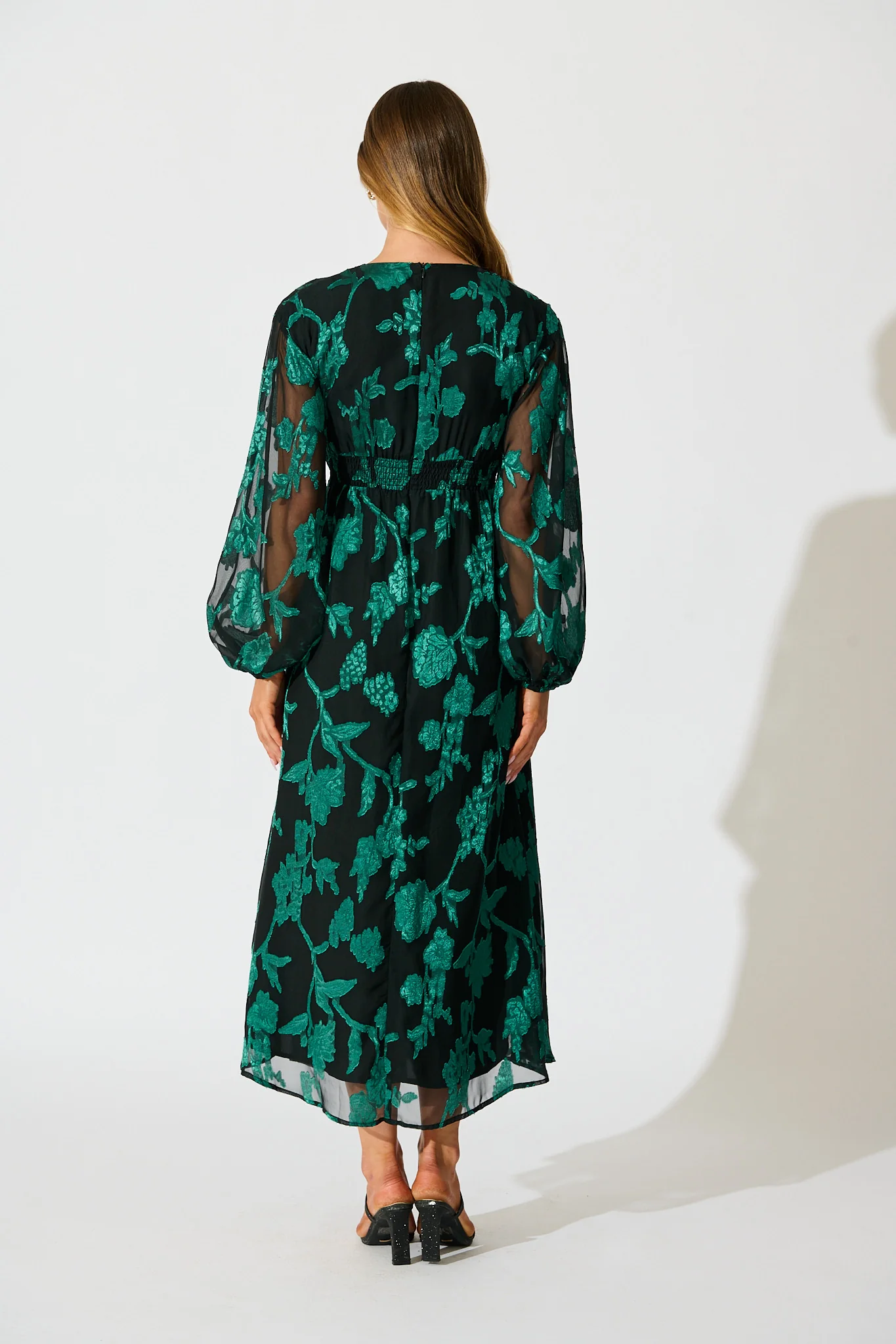Viola Midi Dress in Black with Emerald Floral Burnout Chiffon - Image 4