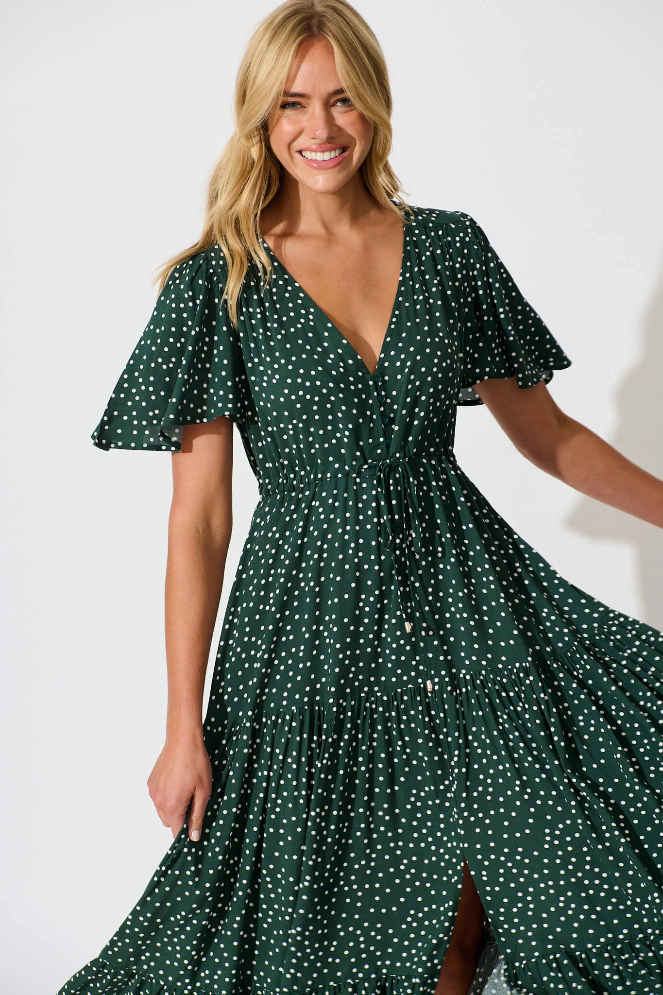 Violet Maxi Dress In Emerald With White Spot - Image 2