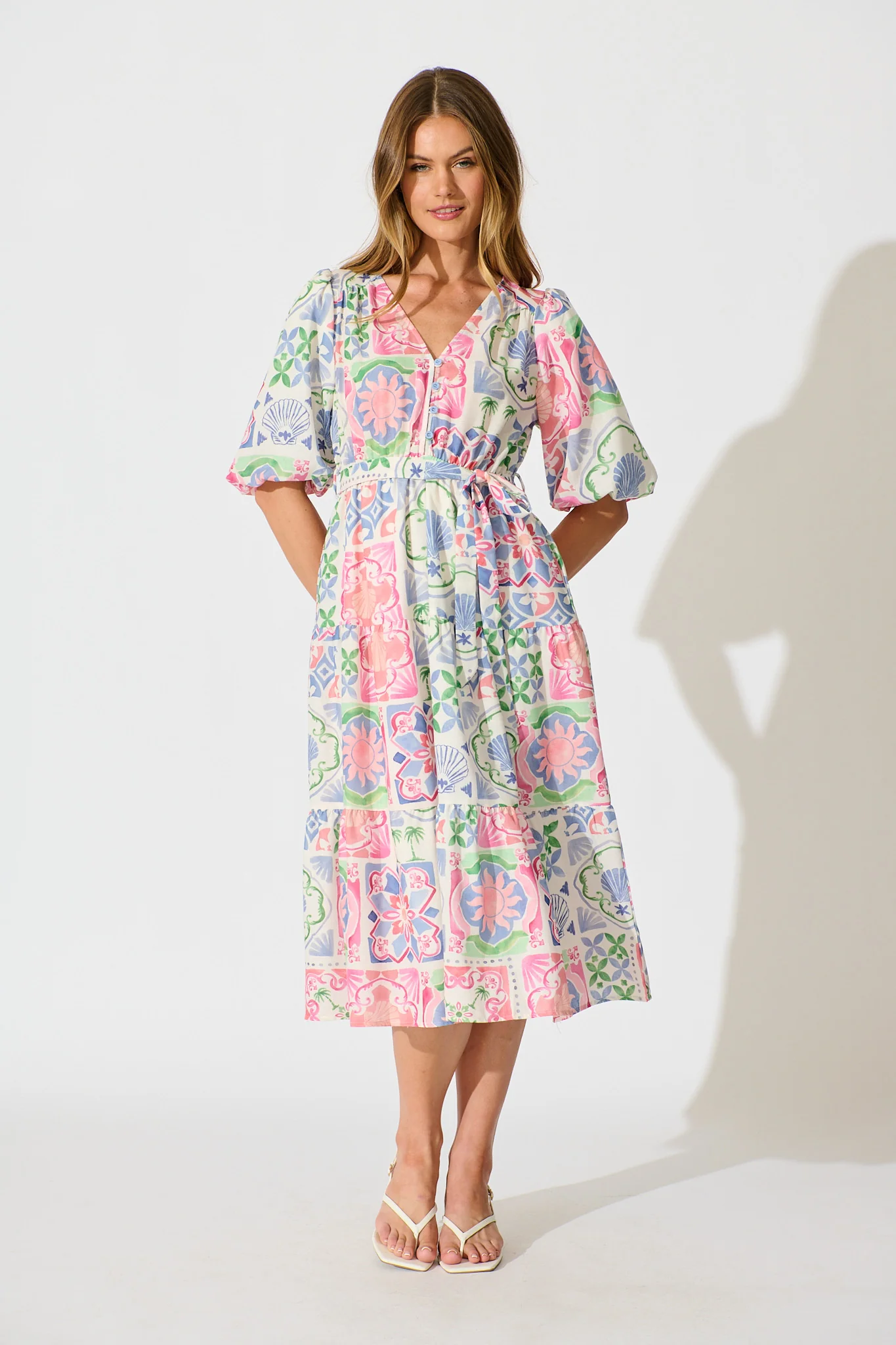 Violina Midi Dress in Multi Tile Linen Blend