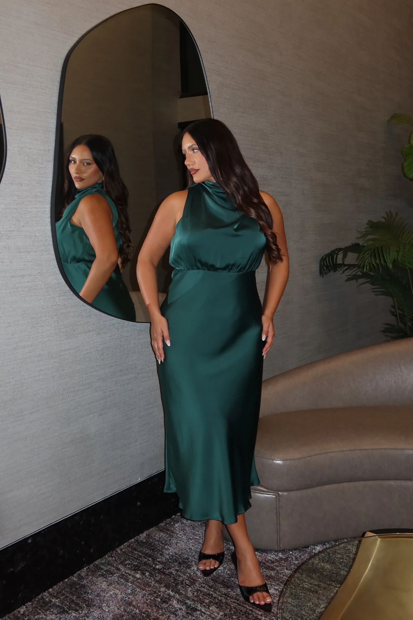 Vision of Love Midi Dress in Emerald Satin - Image 2