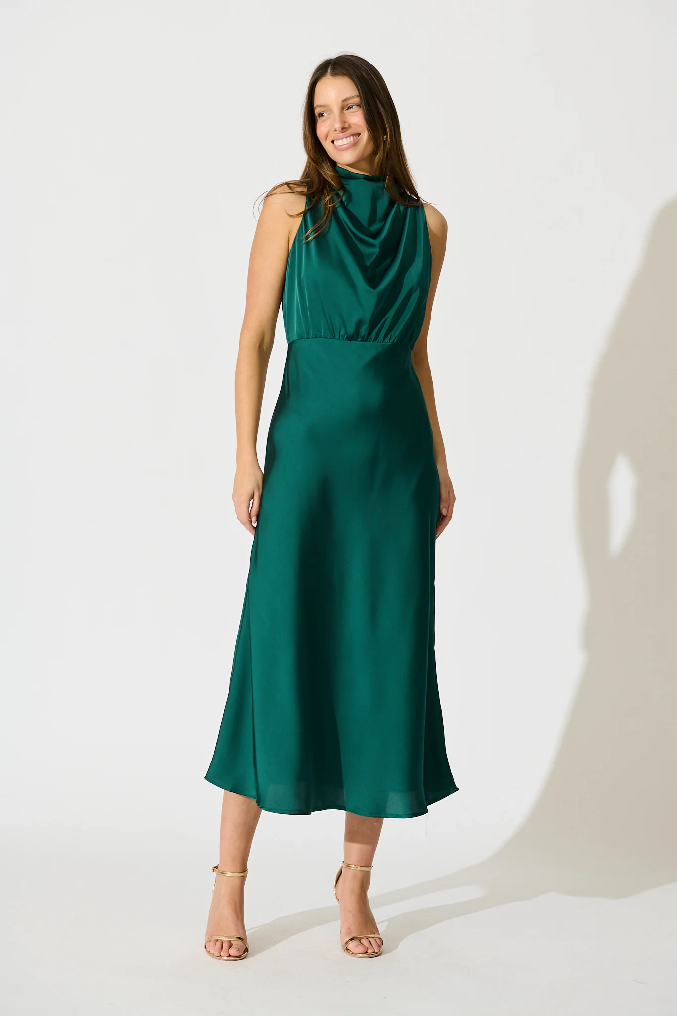 Vision of Love Midi Dress in Emerald Satin - Image 6