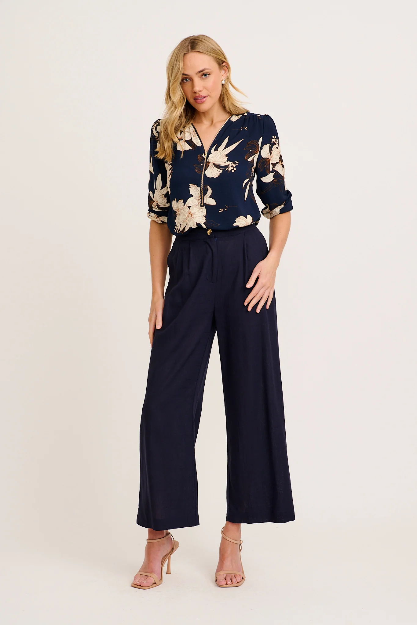 Viviani Zip Top in Navy with Cream Floral - Image 4