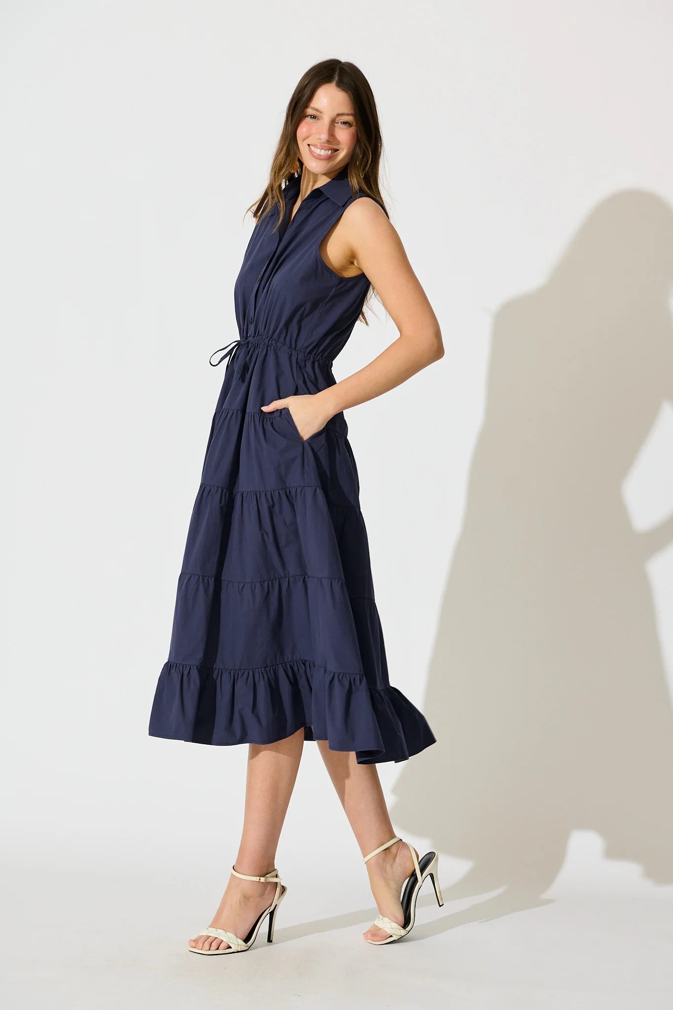 Vrinda Midi Dress in Navy Cotton - Image 3