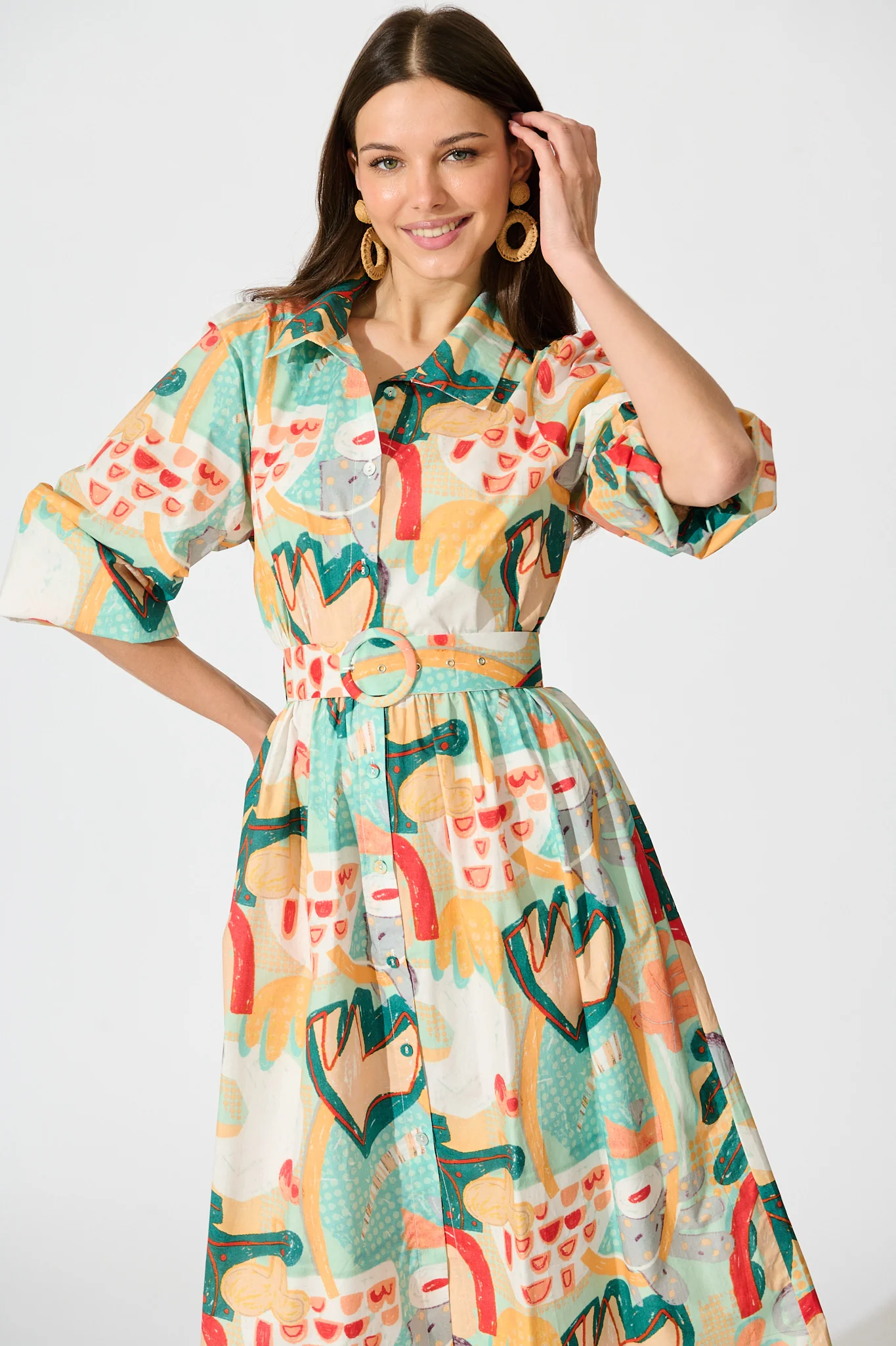 Wanita Midi Shirt Dress in Green Multi Abstract Print Cotton - Image 2