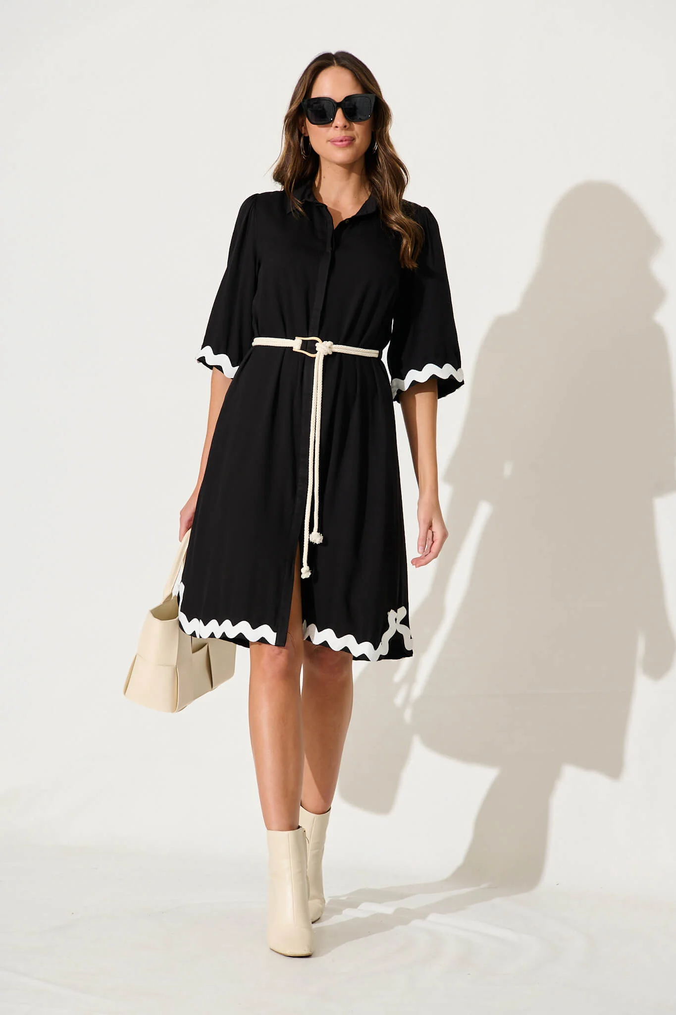Watsonia Midi Shirt Dress In Black With Ric Rac Trim