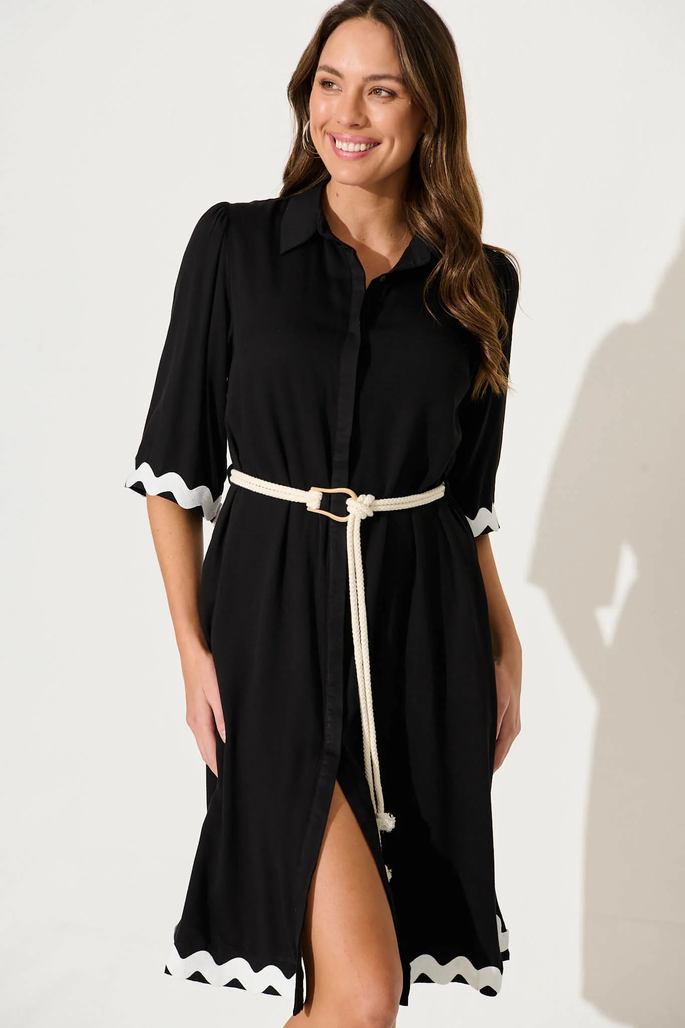 Watsonia Midi Shirt Dress In Black With Ric Rac Trim - Image 2