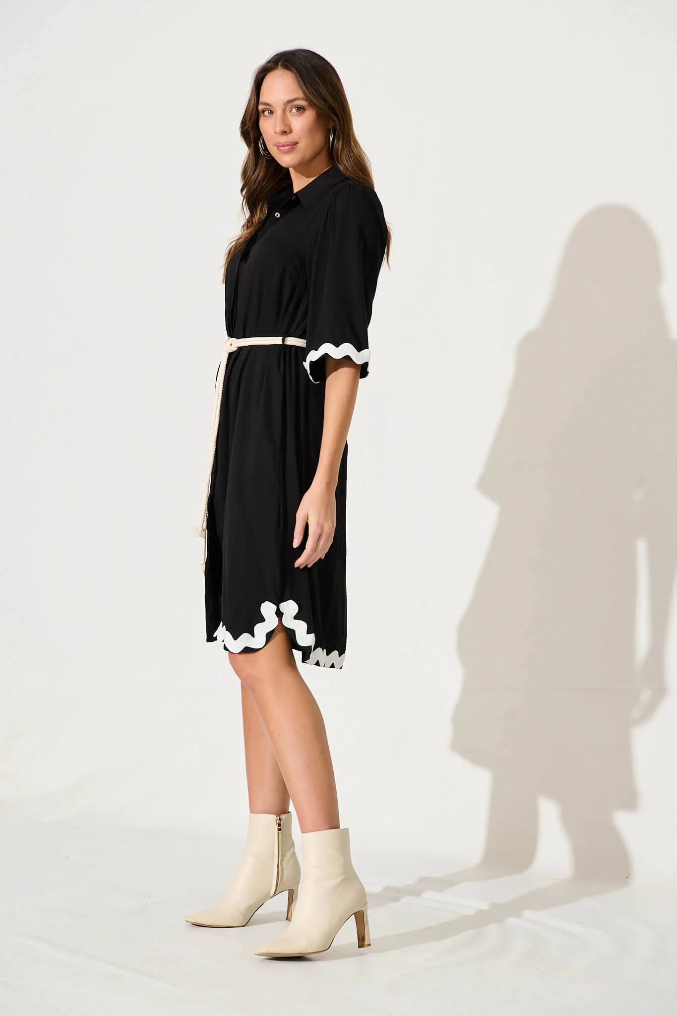 Watsonia Midi Shirt Dress In Black With Ric Rac Trim - Image 3