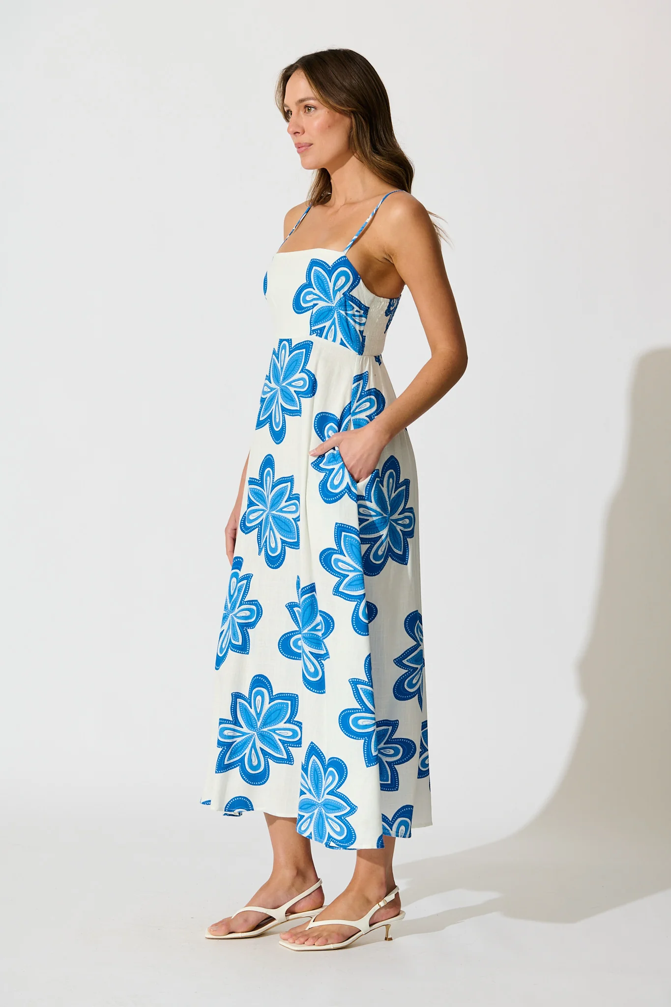 Waverly Maxi Sundress in White with Blue Flower Linen Blend - Image 3