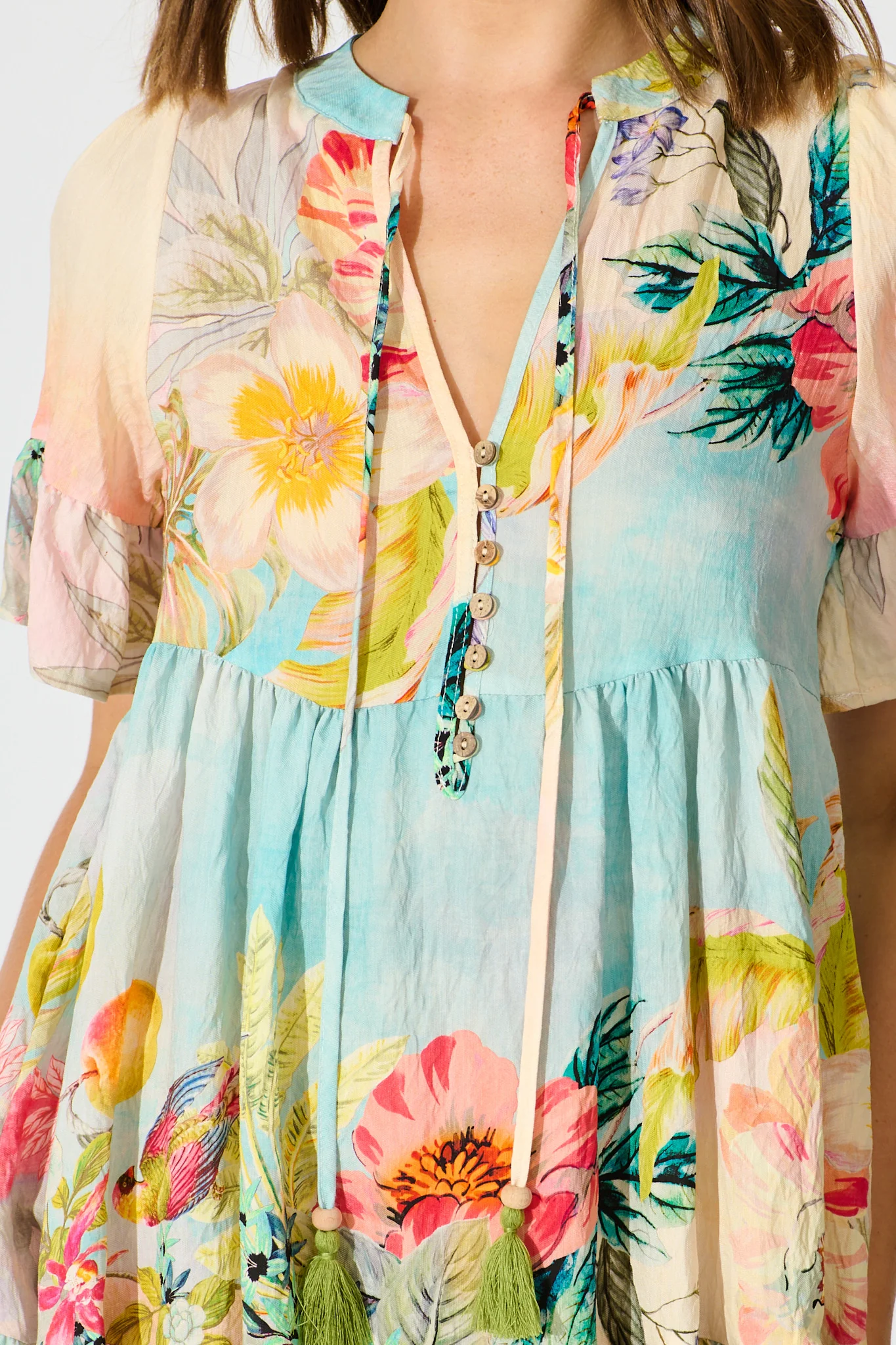 Whimsical Charm Smock Dress in Multi Tropical Floral Print - Image 9