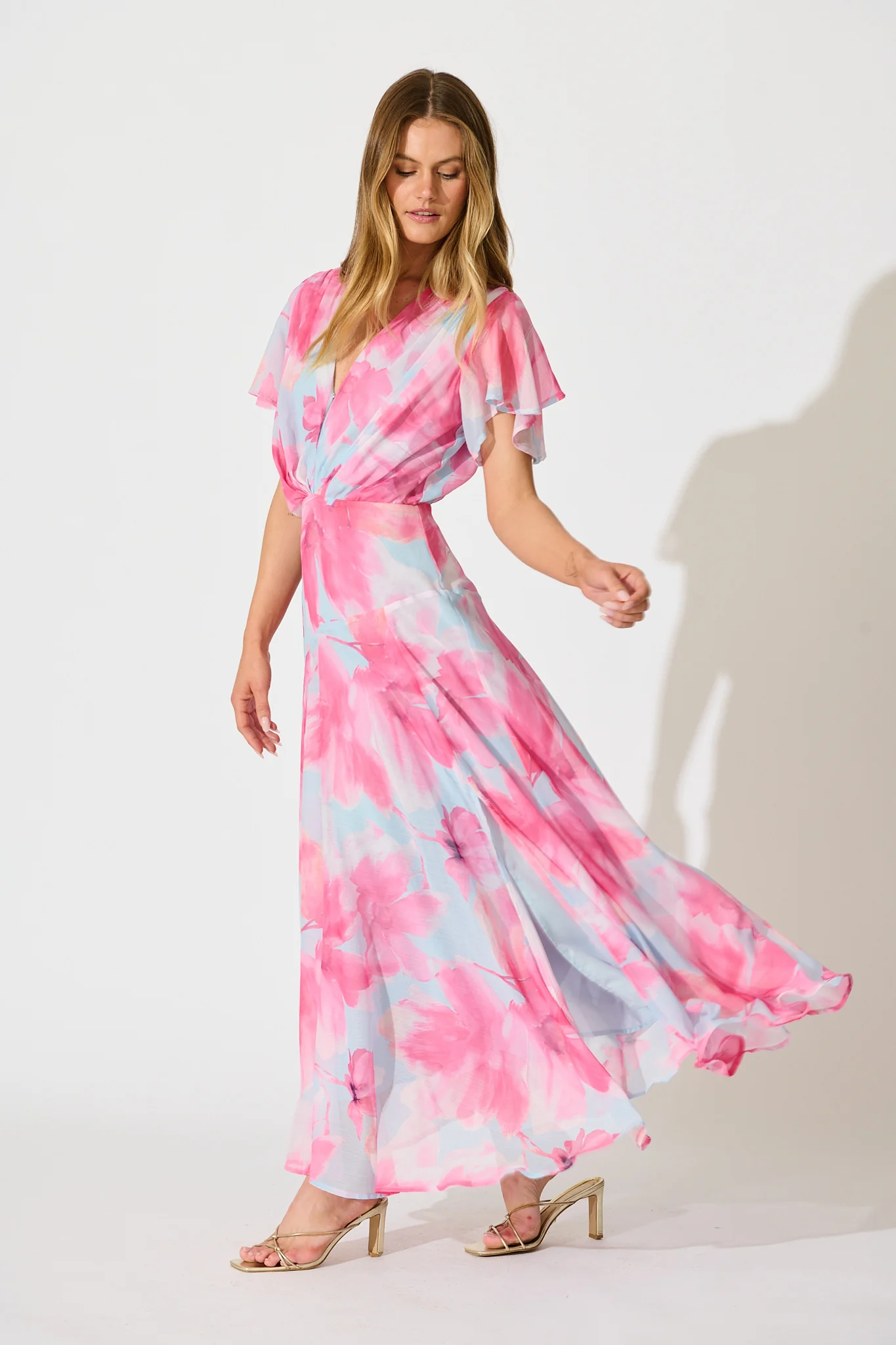 Whisper Lily Maxi Dress in Blue with Blush Floral Chiffon - Image 4