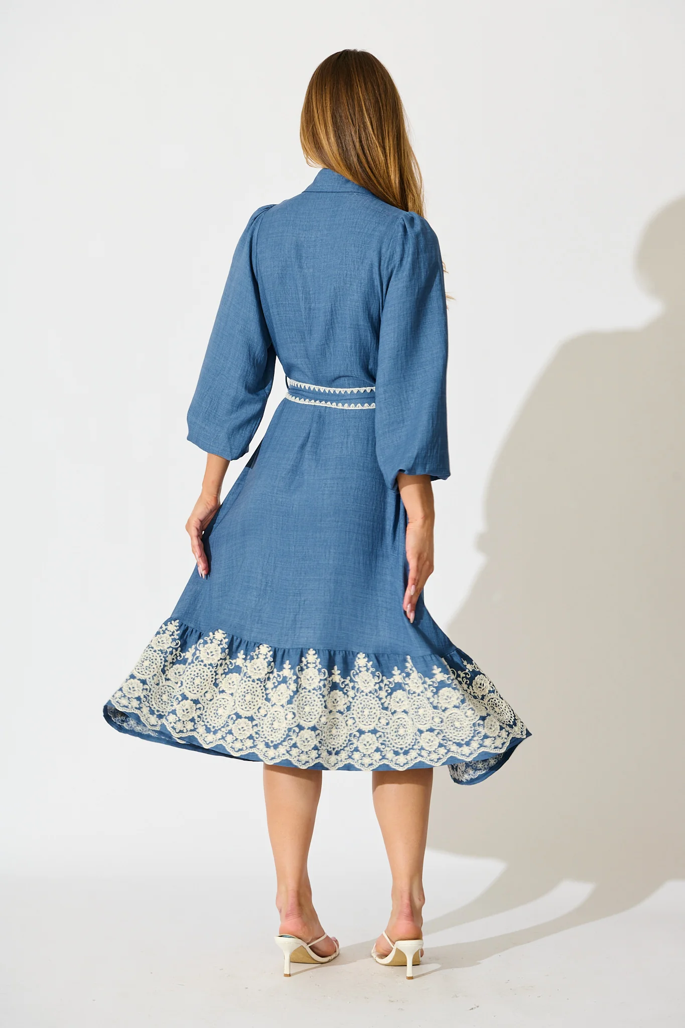 Whisper Midi Shirt Dress in Blue Chambray Embroidery - Image 4