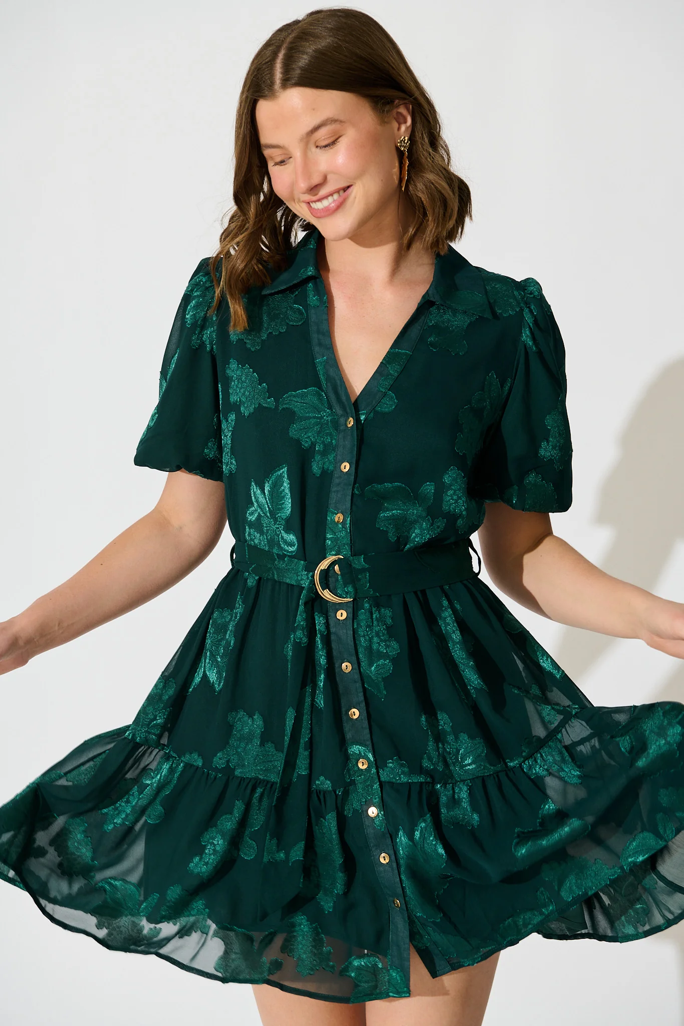 Whispered Grace Shirt Dress in Emerald Burnout Chiffon - Image 2