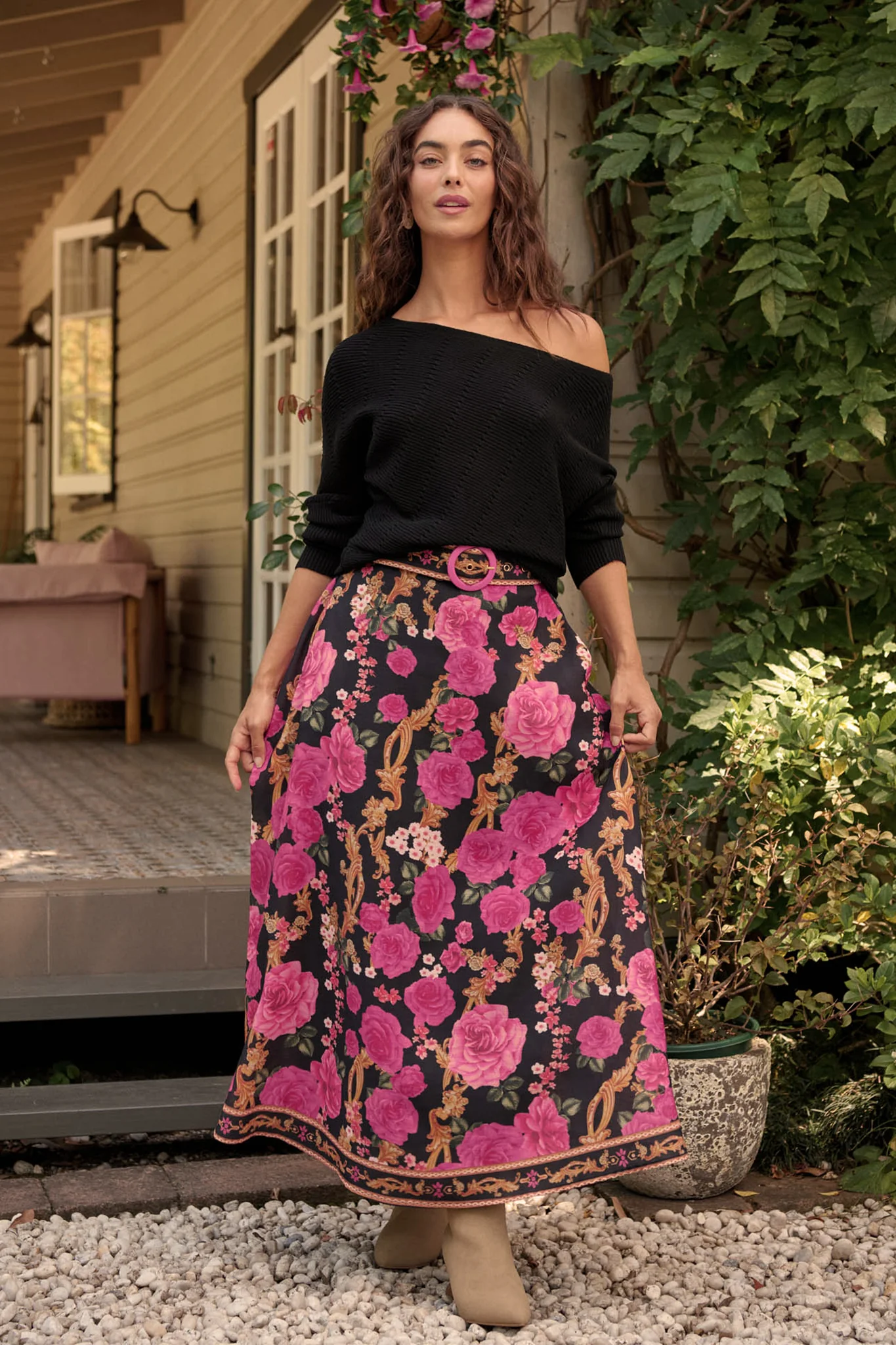 Wild Blossom Maxi Skirt in Black with Pink Floral Linen Blend - Image 2