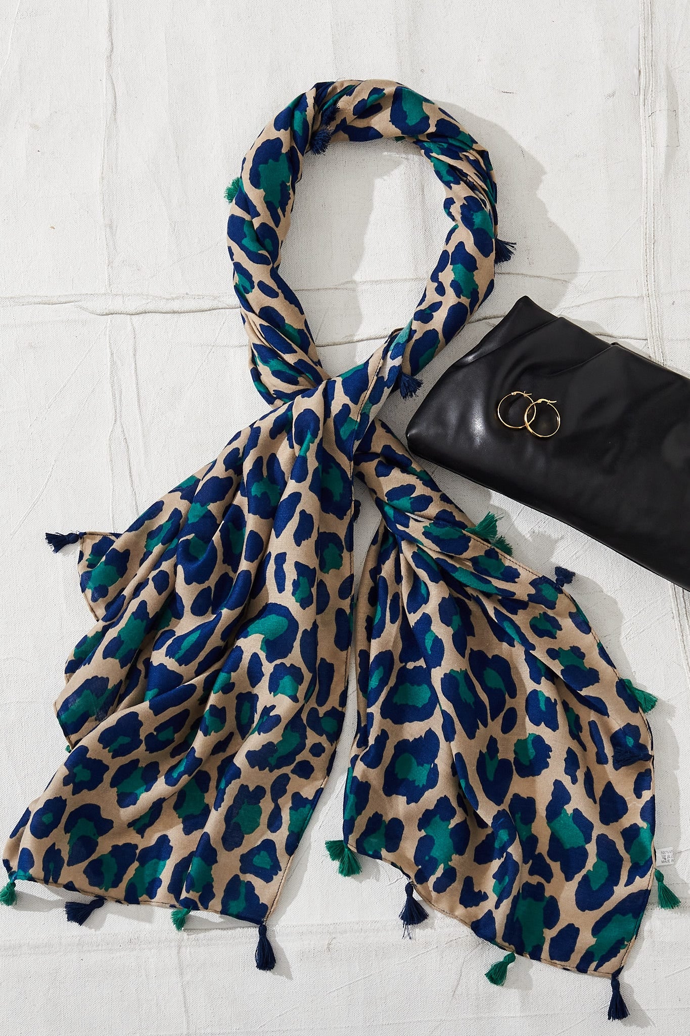 Wild Side Scarf In Beige With Green And Blue Leopard Print - Image 5
